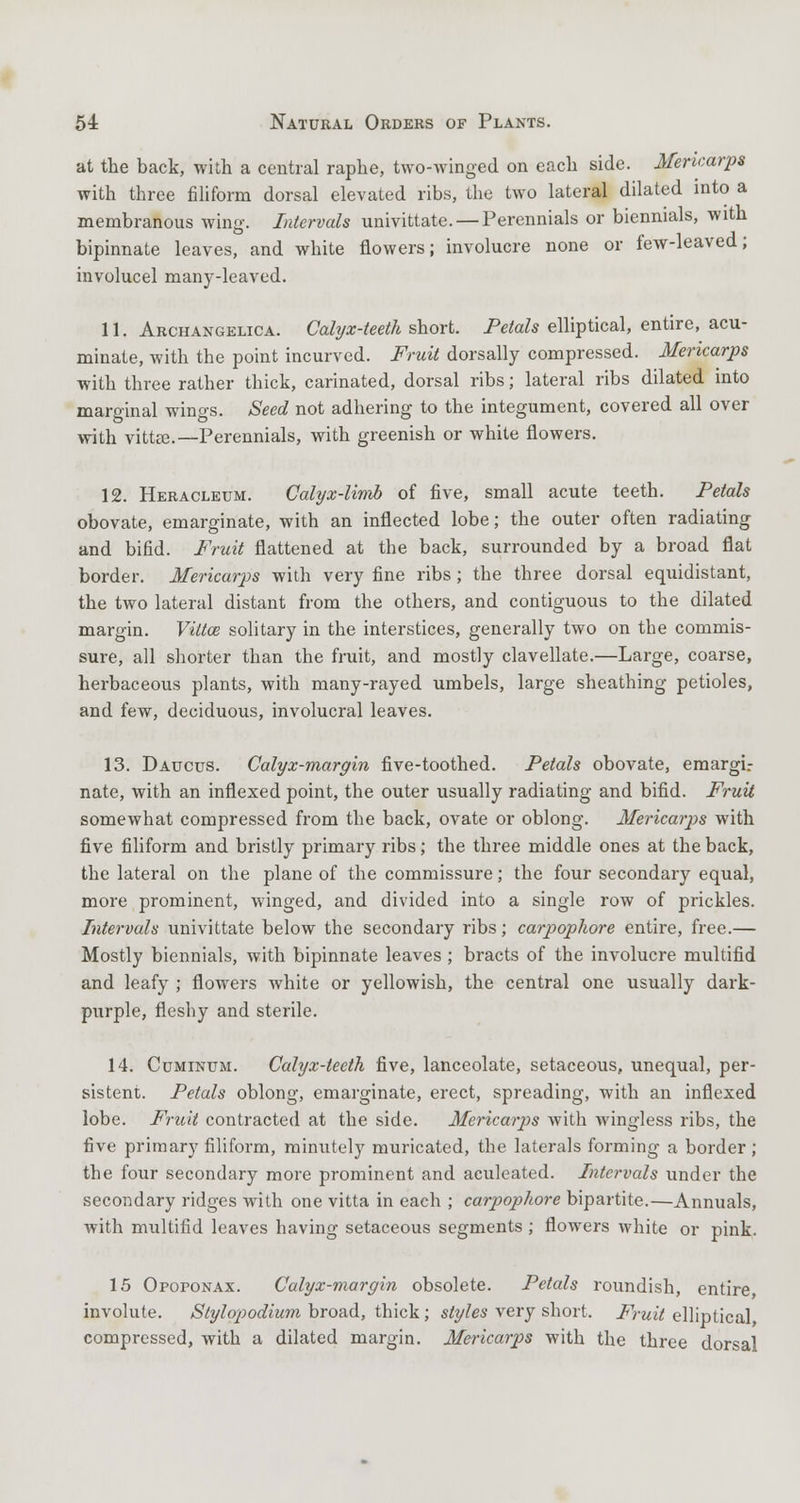 at the back, with a central raphe, two-winged on each side. Mericarps with three filiform dorsal elevated ribs, the two lateral dilated into a membranous wing. Intervals univittate. — Perennials or biennials, with bipinnate leaves, and white flowers; involucre none or few-leaved; involucel many-leaved. 11. Archangelica. Calyx-teeth short. Pefafo elliptical, entire, acu- minate, with the point incurved. Fruit dorsally compressed. Mencarps with three rather thick, carinated, dorsal ribs; lateral ribs dilated into marginal wings. Seed not adhering to the integument, covered all over with vittte.—Perennials, with greenish or white flowers. 12. Heracleum. Calyx-limb of five, small acute teeth. Petals obovate, emarginate, with an inflected lobe; the outer often radiating and bifid. Fruit flattened at the back, surrounded by a broad flat border. Mericarps with very fine ribs; the three dorsal equidistant, the two lateral distant from the others, and contiguous to the dilated margin. Viltce solitary in the interstices, generally two on the commis- sure, all shorter than the fruit, and mostly clavellate.—Large, coarse, herbaceous plants, with many-rayed umbels, large sheathing petioles, and few, deciduous, involucral leaves. 13. Daucus. Calyx-margin five-toothed. Petals obovate, emargi.- nate, with an inflexed point, the outer usually radiating and bifid. Fruit somewhat compressed from the back, ovate or oblong. Mericarps with five filiform and bristly primary ribs; the three middle ones at the back, the lateral on the plane of the commissure; the four secondary equal, more prominent, winged, and divided into a single row of prickles. Intervals univittate below the secondary ribs; carpophore entire, free.— Mostly biennials, with bipinnate leaves ; bracts of the involucre multifid and leafy ; flowers white or yellowish, the central one usually dark- purple, fleshy and sterile. 14. Cuminum. Calyx-teeth five, lanceolate, setaceous, unequal, per- sistent. Petals oblong, emarginate, erect, spreading, with an inflexed lobe. Fruit contracted at the side. Mericarps with wingless ribs, the five primary filiform, minutely muricated, the laterals forming a border ; the four secondary more prominent and aculeated. Intervals under the secondary ridges with one vitta in each ; carpophore bipartite.—Annuals, with multifid leaves having setaceous segments ; flowers white or pink. 15 Opoponax. Calyx-margin obsolete. Petals roundish, entire involute. Stylopodium broad, thick; styles very short. Fruit elliptical compressed, with a dilated margin. Mericarps with the three dorsal