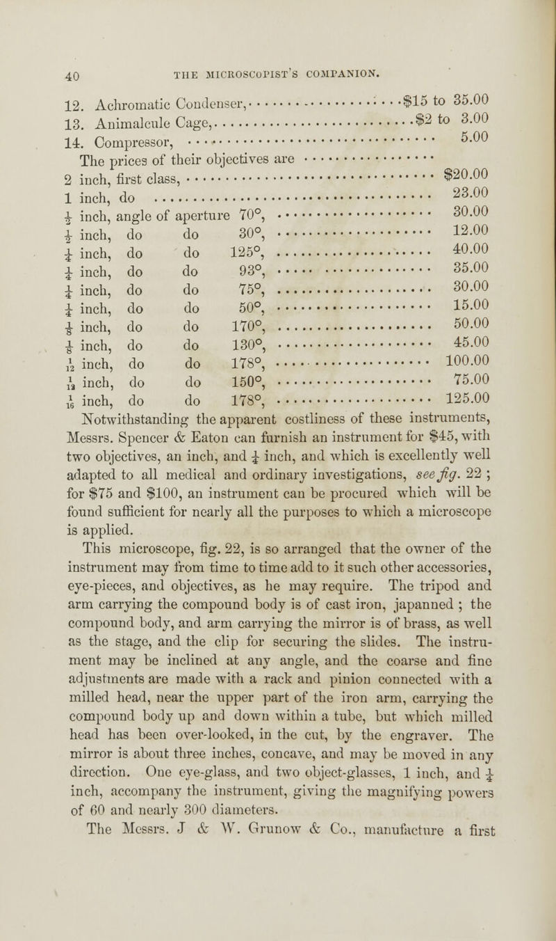 12. Achromatic Condenser, • • ■ -$15 to 35.00 13. Animalcule Cage, $2 to 3.00 14. Compressor, 5.00 The prices of their objectives are 2 inch, first class, $20.00 linch, do 23.00 ± inch, angle of aperture 70°, 30.00 l inch, do do 30°, 12.00 i inch, do do 125°, 40.00 i inch, do do 93°, 35.00 $ inch, do do 75°, 30.00 i inch, do do 50°, 15.00 i inch, do do 170°, 50.00 i inch, do do 130°, 45.00 A inch, do do 178°, 100.00 i inch, do do 150°, 75.00 A inch, do do 178°, 125.00 Notwithstanding the apparent costliness of these instruments, Messrs. Spencer & Eaton can furnish an instrument for $45, with two objectives, an inch, and £ inch, and which is excellently well adapted to all medical and ordinary investigations, see Jig. 22 ; for $75 and $100, an instrument can be procured which will be found sufficient for nearly all the purposes to which a microscope is applied. This microscope, fig. 22, is so arranged that the owner of the instrument may from time to time add to it such other accessories, eye-pieces, and objectives, as he may require. The tripod and arm carrying the compound body is of cast iron, japanned ; the compound body, and arm carrying the mirror is of brass, as well as the stage, and the clip for securing the slides. The instru- ment may be inclined at any angle, and the coarse and fine adjustments are made with a rack and pinion connected with a milled head, near the upper part of the iron arm, carrying the compound body up and down within a tube, but which milled head has been over-looked, in the cut, by the engraver. The mirror is about three inches, concave, and may be moved in any direction. One eye-glass, and two object-glasses, 1 inch, and £ inch, accompany the instrument, giving the magnifying powers of 60 and nearly 300 diameters. The Messrs. J & \V. Grunow & Co., manufacture a first
