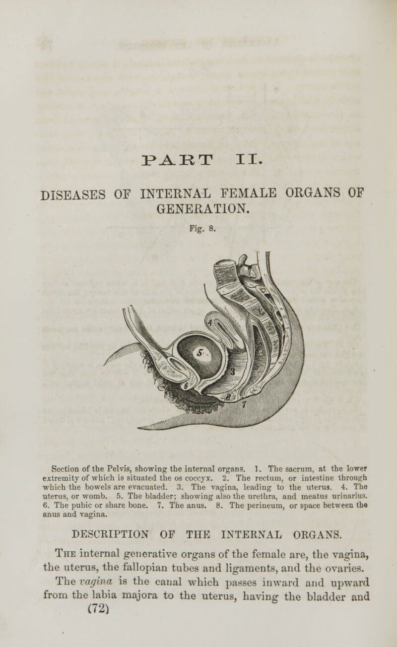 PAET II. DISEASES OF INTERNAL FEMALE ORGANS OF GENERATION. Fig. 8. Section of the Pelvis, showing the internal organs. 1. The sacrum, at the lower extremity of which is situated the os coccyx. 2. The rectum, or intestine through which the bowels are evacuated. 3. The vagina, leading to the uterus. 4. The uterus, or womb. 5. The bladder; showing also the urethra, and meatus urinarius. 6. The pubic or share bone. 7. The anus. 8. The perineum, or space between the anus and vagina. DESCRIPTION OF THE INTERNAL ORGANS. The internal generative organs of the female are, the vagina, the uterus, the fallopian tubes and ligaments, and the ovaries. The vagina is the canal which passes inward and upward from the labia majora to the uterus, having the bladder and