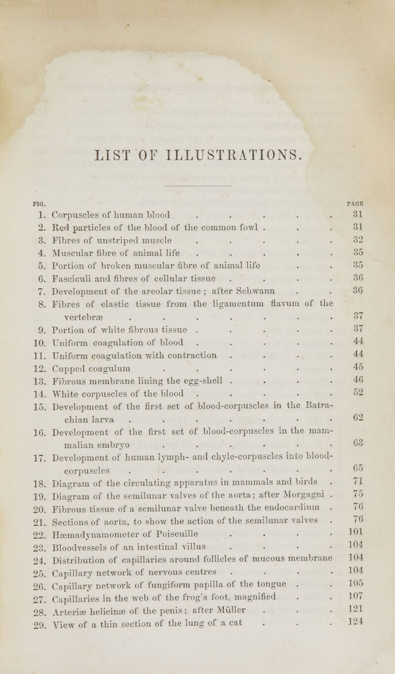 LIST OF ILLUSTRATIONS. FIG. 1. 2. 3. 4. 5. 6. 7. 9. 10. 11. 12. 13. 14. 15. 16. 17. 18. 19. 20. 21. 22. 23. 24. 25. 26. 27. 28. 29. Corpuscles of human blood .... lied particles of the blood of the common fowl . Fibres of unstriped muscle .... Muscular fibre of animal life .... Portion of broken muscular fibre of animal life Fasciculi and fibres of cellular tissue Development of the areolar tissue ; after Schwann Fibres of elastic tissue from the ligamentum flavum of the vertebrae ...... Portion of white fibrous tissue .... Uniform coagulation of blood .... Uniform coagulation with contraction Cupped coagulum ..... Fibrous membrane lining the egg-shell . White corpuscles of the blood .... Development of the first set of blood-corpuscles in the Batra- chian larva ...... Development of the first set of blood-corpuscles in the mam malian embryo ..... Development of human lymph- and chyle-corpuscles into blood corpuscles ...... Diagram of the circulating apparatus in mammals and birds Diagram of the semilunar valves of the aorta; after Morgagni Fibrous tissue of a semilunar valve beneath the endocardium Sections of aorta, to show the action of the semilunar valves Hoemadynamometer of Poiseuille Bloodvessels of an intestinal villus Distribution of capillaries around follicles of mucous membrane Capillary network of nervous centres Capillary network of fungiform papilla of the tongue . Capillaries in the web of the frog's foot, magnified Arterhe helicinae of the penis; alter Muller View of a thin section of the lung of a cat PAGE 31 31 32 35 35 36 36 37 37 44 44 45 46 52 62 63 65 71 75 76 76 101 104 104 104 105 107 121 124