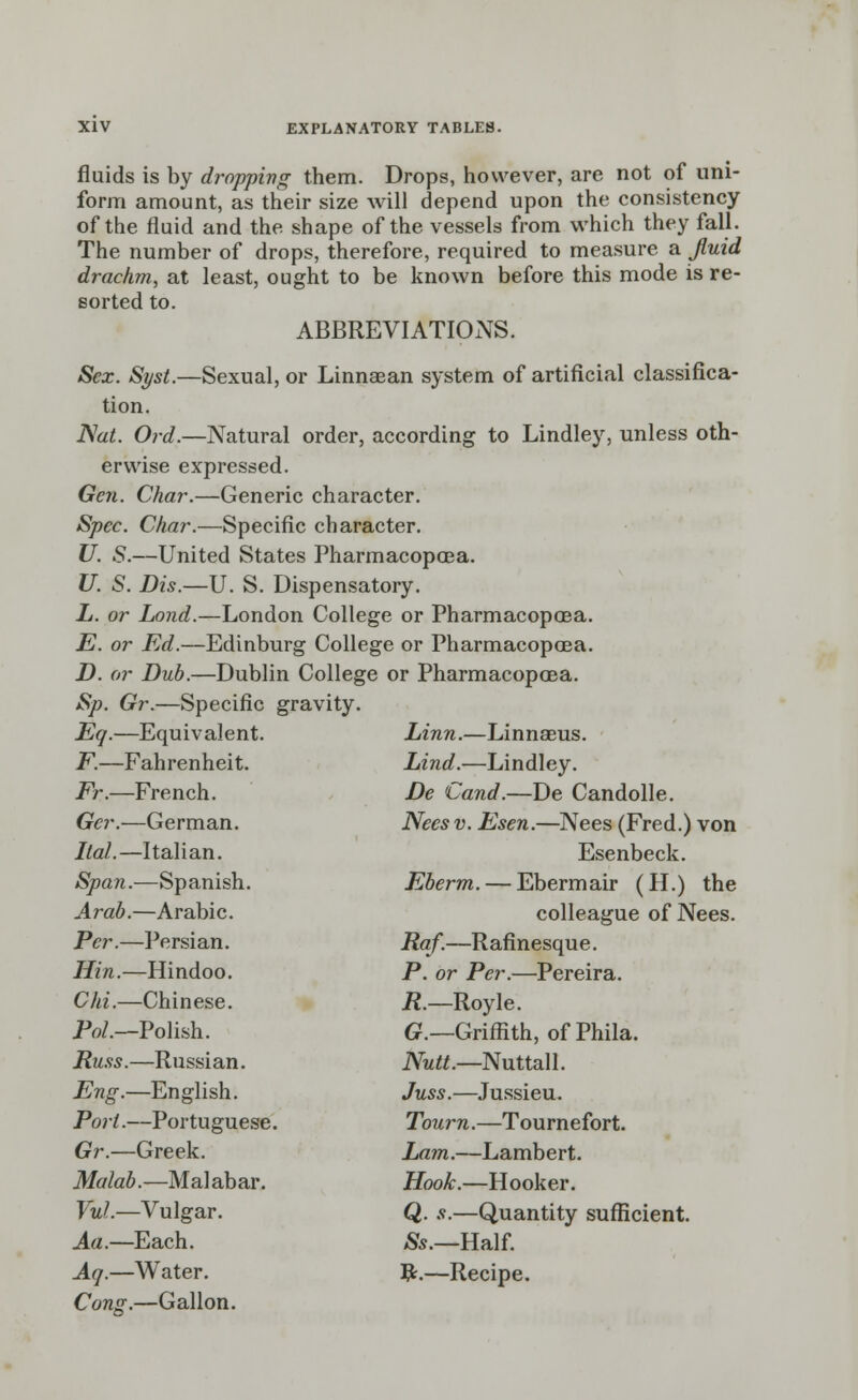 fluids is by dropping them. Drops, however, are not of uni- form amount, as their size will depend upon the consistency of the fluid and the shape of the vessels from which they fall. The number of drops, therefore, required to measure a fluid drachm, at least, ought to be known before this mode is re- sorted to. ABBREVIATIONS. Sex. Syst.—Sexual, or Linnaean system of artificial classifica- tion. Nat. Ord.—Natural order, according to Lindley, unless oth- erwise expressed. Gen. Char.—Generic character. Spec. Char.—Specific character. U. S.—United States Pharmacopcea. U. S. Dis.—U. S. Dispensatory. L. or Lond.—London College or Pharmacopcea. E. or Ed.—Edinburg College or Pharmacopcea. D. or Dub.—Dublin College or Pharmacopcea. Sp. Gr.—Specific gravity. Eq.—Equivalent. F.—Fahrenheit. Fr.—French. Gcr.—German. Ilal.—Italian. Span.—Spanish. Arab.—Arabic. Per.—Persian. Hin.—Hindoo. Chi.—Chinese. Pol—Polish. Russ.—Russian. Eng.—English. Port.—Portuguese. Gr.—Greek. Malab.—Malabar. Vul.—Vulgar. Aa.—Each. Aq.—Water. Cons.—Gallon. Linn.—Linnaeus. hind.—Lindley. De Cand.—De Candolle. Nees v. Esen.—Nees (Fred.) von Esenbeck. Eberm. — Ebermair (H.) the colleague of Nees. Raf.—Rafinesque. P. or Per.—Pereira. R.—Royle. G — Griffith, of Phila. Nutt.—Nuttall. Juss.—Jussieu. Tourn.—Tournefort. Lam.—Lambert. Hook.—Hooker. Q. s.—Quantity sufficient. Ss.—Half. #.—Recipe.