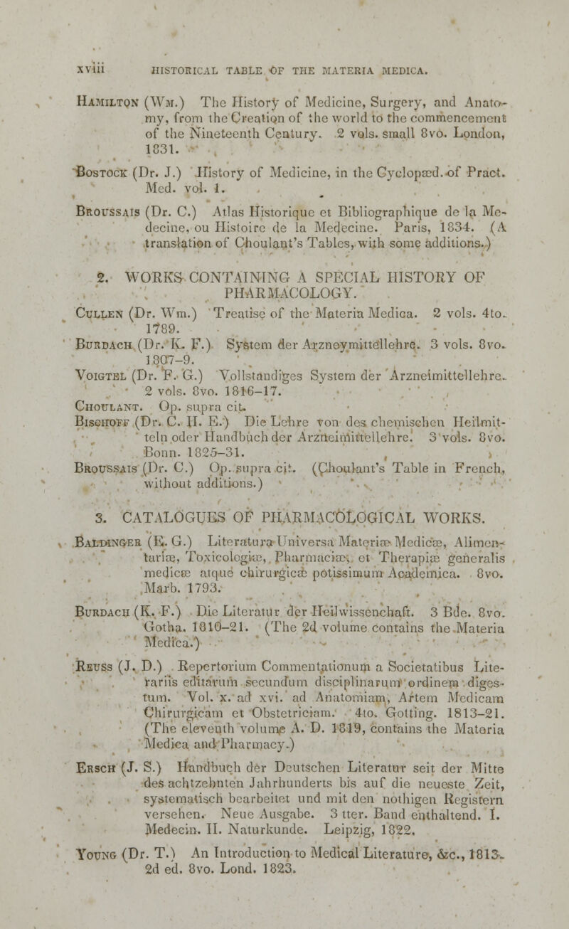 Hamilton (Wm.) The History of Medicine, Surgery, and Anato- my, from the Creation of the world to the commencement of the Nineteenth Century. 2 vols, small 8vo. London, 1831. Bostock (Dr. J.) History of Medicine, in the Cyclopscd.of Pract. Med. vol. 1. Broussais (Dr. C.) Atlas Historiquc ct Bibliographique do la Me- decine, ou Histoirc de la Medecine. Paris, 1834. (A translation of Choulant's Tables, with some additions.) 2. WORKS CONTAINING A SPECIAL HISTORY OF PHARMACOLOGY. Cullen (Dr. Wm.) Treatise of the Materia Medica. 2 vols. 4to. 1789. Burdach (Dr. K. F.) System der Arzncymittellehre. 3 vols. 8vo. 1807-9. Voigtel (Dr. F. G.) Vollstandigcs System der Arzneimittellehre.. 2 vols. 8vo. 1816-17. Choulant. Op. supra ciu Bischoff (Dr. C. II. E.) Die Lehre von des chemischen Heilmit- teln oder Handbuchdcr Arzneimittellchrc. 3 vols. 8vo. Bonn. 1825-31. Broussais (Dr. C.) Op. supra cit. (Choulant's Table in French, without additions.) 3. CATALOGUES OF PHARMACOLOGICAL WORKS. Baldinger (E.G.) LiteraturaUniversa Materia^ Medicce, Alinv>u- taria), Toxicologic, Pharmacia), ct Therapiso gencralis medicce aiquc chirurgico) potissimum Academica. 8vo. Marb. 1793. Burdach (K. F.) Die Literatur der Heilwisscnchaft. 3 Bdc. 8vo. Gotha. 1810-21. (The 2d volume contains the Materia Medica.) Reuss (J. D.) Repcrtorium Commcntationum a Societatibus Lite- rariis editarum secundum disciplinarum ordinem diges- turn. Vol. x. ad xvi. ad Anatomiam, Artem Mcdieam Chirurgicam et Obstctriciam. 4to. Getting. 1813-21. (The eleventh volume A. D. 1819, contains the Materia Medica and Pharmacy-) Ersch (J. S.) Handbuch der Deutschen Literatur seit der Mitte des achtzehnten Jahrhunderts bis auf die neueste Zeit, systematisch bearbeitet und mit den nothigen Rcgistcrn versehen. Neue Ausgabe. 3 tter. Band enthaltend. I. Medecin. II. Naturkunde. Leipzig, 1822. Young (Dr. TA An Introduction to Medical Literature, &c, 1813. 2d ell. 8vo. Lond. 1823.