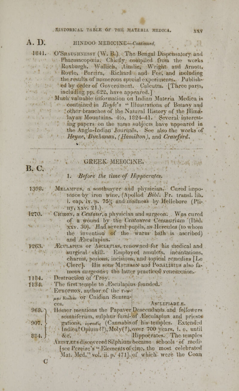 A. D. HINDOO MEDICINE— Continued. 1841. O'Shauuhnessy (W. B.) The Bengal Dispensatory and Pharmacopoeia. Chiefly compiled from the works Roxburgh, Wallich, Ainslie, Wright and Arnott, Royle, Pcreira, Richard and Fee, and including the results of numerous special experiments. Publish- ed by order of Government. Calcutta. [Three parts, including pp. 622, have appeared.] Much valuable information on Indian Materia Medica is contained in Royle'1s  Illustrations of Botany and other branches of the Natural History of the Hima- layan Mountains. 4to, 1824-41. Several interest- ing papers on the same subjects have appeared in the Anglo-Indian Journals. See also the works of Hey tie, Buchanan, (Hamilton), and Crawford. B.C. GREEK MEDICINE. 1. Before the time of Hippocrates. 1398. Melampus, a soothsayer and physician. Cured impo- tence by iron wine, (Apollod Bib/. Fr. transl. lib. i. cap. ix. p. 75); and madness by Hellebore (Pli- ny, xxv. 21.) 1270. Chiron, a Centaicr.-a. physician and surgeon. Was cured of a wound by the Centaurca Centaurium (Ibid, xxv. 30). Had several pupils, as Hercules (to whom the invention of the warm bath is ascribed) and iEsculapius. 1263. tEct'lapius or Asclepias, renowned for his medical and surgical skill. Employed amulets, incantations, charms, potions, incisions, and topical remedies [Le Clerc]. His sons Machaon and Podalirius also fa- mous surgeons ; the latter practiced venesection. 1184. Destruction of Troy. 1134. The first temple to /Esculapius founded. Europhon. author of the iSaiM pa, Kuhai or Cnidian Senten-j CCS. AsrLEPIADE.E. 968.] Homer mentions the Papaver Descendants and followers somniferum, sulphur fumi-of iEsculapius and priests 007. } gations, ,nv^U (Cannabis of his temples. Extended lndica?Opium'n),Moly('?),over 700 years, i.e. until &c, Hippocrates. The temples Arist.et'sdiscovered Silphium became schools of medi- [sec Percire's '■ Elements of cine, the most celebrated Mat. Med.1 vol. ii. p. ITlJ.of which were the Coan 0 584. J