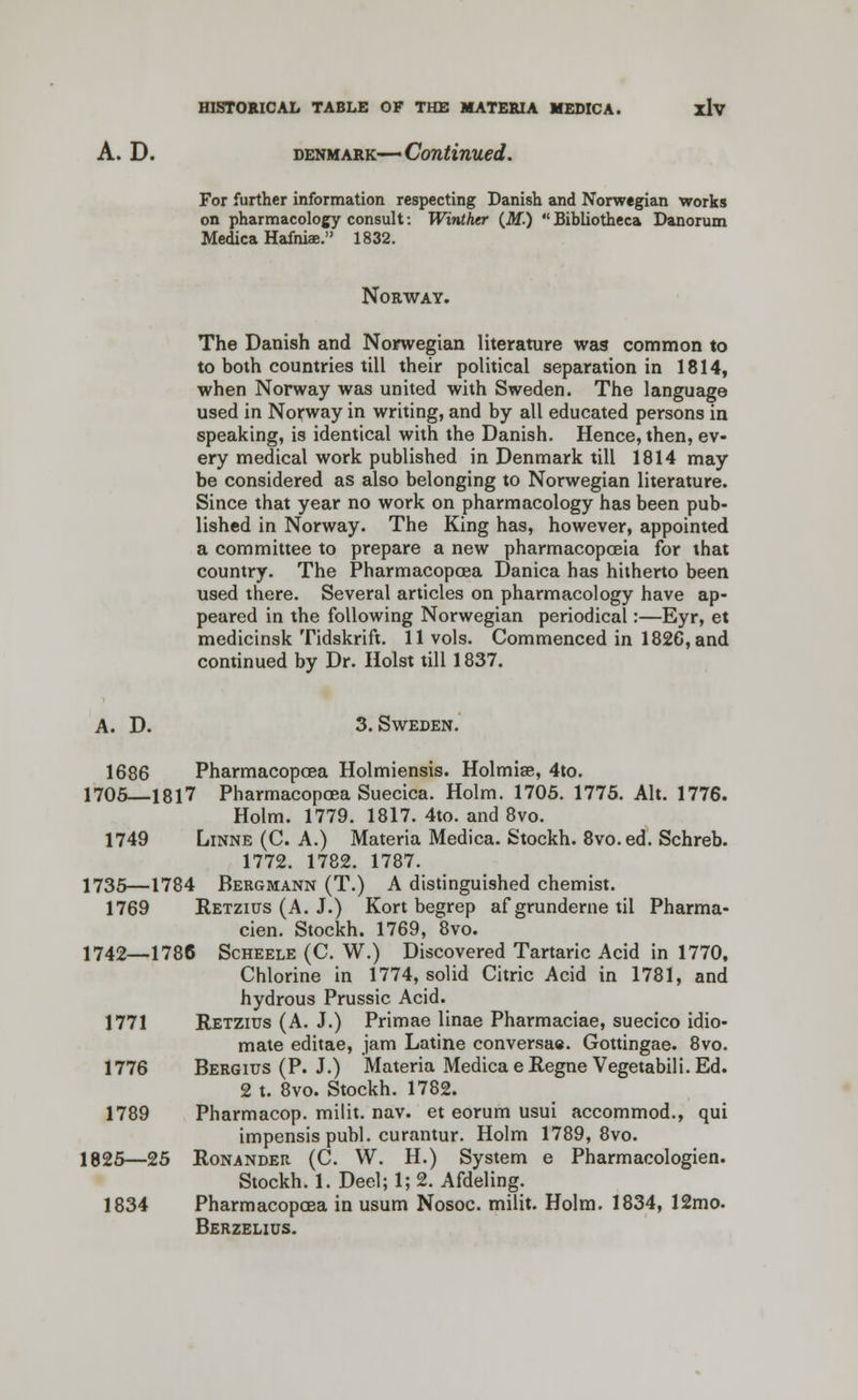 A. D. Denmark— Continued. For further information respecting Danish and Norwegian works on pharmacology consult: Winthtr (M.)  Bibliotheca Danorum Medica Hafniae. 1832. Norway. The Danish and Norwegian literature was common to to both countries till their political separation in 1814, when Norway was united with Sweden. The language used in Norway in writing, and by all educated persons in speaking, is identical with the Danish. Hence, then, ev- ery medical work published in Denmark till 1814 may be considered as also belonging to Norwegian literature. Since that year no work on pharmacology has been pub- lished in Norway. The King has, however, appointed a committee to prepare a new pharmacopoeia for that country. The Pharmacopcea Danica has hitherto been used there. Several articles on pharmacology have ap- peared in the following Norwegian periodical:—Eyr, et medicinsk Tidskrift. 11 vols. Commenced in 1826, and continued by Dr. Hoist till 1837. A. D. 3. Sweden. 1686 Pharmacopcea Holmiensis. Holmise, 4to. 1705—1817 Pharmacopcea Suecica. Holm. 1705. 1775. Alt. 1776. Holm. 1779. 1817. 4to. and 8vo. 1749 Linne (C. A.) Materia Medica. Stockh. 8vo.ed. Schreb. 1772. 1782. 1787. 1735—1784 Bergmann (T.) A distinguished chemist. 1769 Retzius (A. J.) Kort begrep af grunderne til Pharma- cies Stockh. 1769, 8vo. 1742—1786 Scheele (C. W.) Discovered Tartaric Acid in 1770, Chlorine in 1774, solid Citric Acid in 1781, and hydrous Prussic Acid. 1771 Retzius (A. J.) Primae linae Pharmaciae, suecico idio- mate editae, jam Latine conversae. Gottingae. 8vo. 1776 Bergius (P. J.) Materia Medica eRegne Vegetabili. Ed. 2 t. 8vo. Stockh. 1782. 1789 Pharmacop. milit. nav. et eorum Usui accommod., qui impensis publ. curantur. Holm 1789, 8vo. 1825—25 Ronander (C. W. H.) System e Pharmacologien. Stockh. 1. Deel; 1; 2. Afdeling. 1834 Pharmacopcea in usum Nosoc. milit. Holm. 1834, 12mo. Berzelitjs.