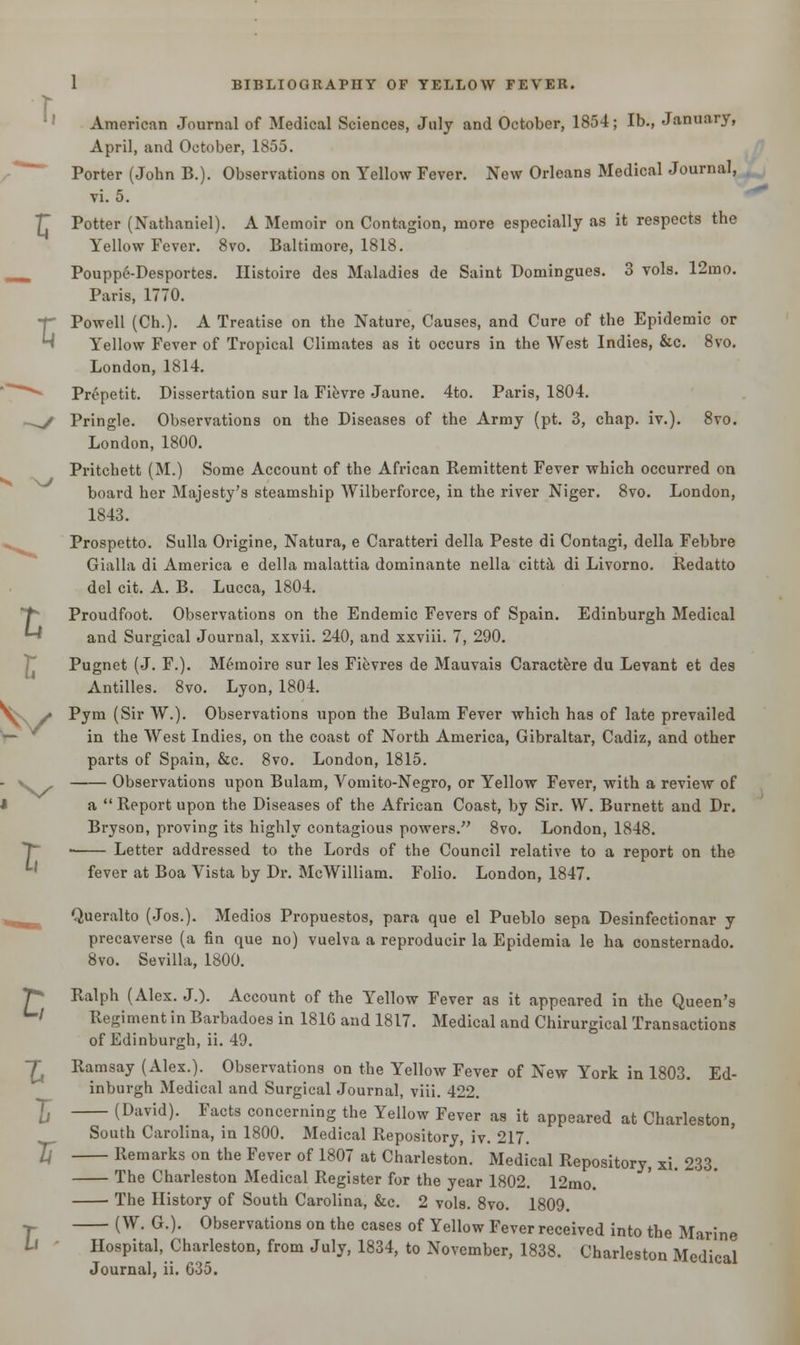 \y r American Journal of Medical Sciences, July and October, 1854; lb., January, April, and October, 1855. Porter (John B.). Observations on Yellow Fever. New Orleans Medical Journal, T Potter (Nathaniel). A Memoir on Contagion, more especially as it respects the Yellow Fever. 8vo. Baltimore, 1818. PouppeJJesportes. Ilistoire des Maladies de Saint Domingues. 3 vols. 12mo. Paris, 1770. f Powell (Ch.). A Treatise on the Nature, Causes, and Cure of the Epidemic or H Yellow Fever of Tropical Climates as it occurs in the West Indies, &c. 8vo. London, 1814. Prepetit. Dissertation sur la Fievre Jaune. 4to. Paris, 1804. ^/ Pringle. Observations on the Diseases of the Army (pt. 3, chap. iv.). 8vo. London, 1800. Pritchett (M.) Some Account of the African Remittent Fever which occurred on board her Majesty's steamship Wilberforce, in the river Niger. 8vo. London, 1843. Prospetto. Sulla Origine, Natura, e Caratteri della Peste di Contagi, della Febbre Gialla di America e della malattia dominante nella citta di Livorno. Redatto del cit. A. B. Lucca, 1804. f* Proudfoot. Observations on the Endemic Fevers of Spain. Edinburgh Medical ^ and Surgical Journal, xxvii. 240, and xxviii. 7, 290. Pugnet (J. F.). Memoire sur les Fievres de Mauvais Caractere du Levant et des Antilles. 8vo. Lyon, 1804. x y» Pym (Sir W.). Observations upon the Bulam Fever which has of late prevailed in the West Indies, on the coast of North America, Gibraltar, Cadiz, and other parts of Spain, &c. 8vo. London, 1815. v, Observations upon Bulam, Vomito-Negro, or Yellow Fever, with a review of a  Report upon the Diseases of the African Coast, by Sir. W. Burnett and Dr. Bryson, proving its highly contagious powers. 8vo. London, 1848. Letter addressed to the Lords of the Council relative to a report on the fever at Boa Vista by Dr. McWilliam. Folio. London, 1847. Queralto (Jos.). Medios Propuestos, para que el Pueblo sepa Desinfectionar y precaverse (a fin que no) vuelva a reproducir la Epidemia le ha consternado. 8vo. Sevilla, 1800. T» Ralph (Alex. J.). Account of the Yellow Fever as it appeared in the Queen's Regiment in Barbadoes in 1816 and 1817. Medical and Chirurgical Transactions of Edinburgh, ii. 49. £ Ramsay (Alex.). Observations on the Yellow Fever of New York in 1803. Ed- inburgh Medical and Surgical Journal, viii. 422. £ (David). Facts concerning the Yellow Fever as it appeared at Charleston, South Carolina, in 1800. Medical Repository, iv. 217. U Remarks on the Fever of 1807 at Charleston. Medical Repository, xi. 233. The Charleston Medical Register for the year 1802. 12mo. ■ The History of South Carolina, &c. 2 vols. 8vo. 1809. ■»- (W. G.). Observations on the cases of Yellow Fever received into the Marine Hospital, Charleston, from July, 1834, to November, 1838. Charleston Medical Journal, ii. 035.