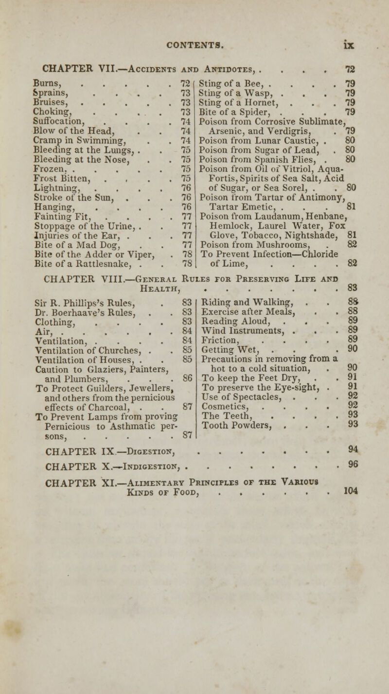 CHAPTER VII.—Accidents and Antidotes, Bums, Sprains, Bruises, Choking, Suffocation, Blow of the Head, Cramp in Swimming, Bleeding at the Lungs, . Bleeding at the Nose, Frozen, .... Frost Bitten, Lightning, Stroke of the Sun, . Hanging, Fainting Fit, Stoppage of the Urine, . Injuries of the Ear, . Bite of a Mad Dog, Bite of the Adder or Vipe Bite of a Rattlesnake, . 72 Sting of a Bee, . . . .79 Stiiig of a Wasp, ... 79 Sting of a Hornet, . . .79 Bite of a Spider, ... 79 Poison from Corrosive Sublimate, Arsenic, and Verdigris, . 79 Poison from Lunar Caustic, . 80 Poison from Sugar of Lead, . 80 Poison from Spanish Flies, . 80 Poison from Oil of Vitriol, Aqua- Fortis, Spirits of Sea Salt, Acid of Sugar, or Sea Sorel, . . 80 Poison from Tartar of Antimony, Tartar Emetic, ... 81 Poison from Laudanum, Henbane, Hemlock, Laurel Water, Fox Glove, Tobacco, Nightshade, 81 Poison from Mushrooms, . 82 To Prevent Infection—Chloride of Lime, . . . .82 CHAPTER VIII.—General Rules tor Preserving Life and Health, Sir R. Phillips's Rules, Dr. Boerhaave's Rules, Clothing, .... Air, Ventilation, .... Ventilation of Churches, . Ventilation of Houses, . Caution to Glaziers, Painters, and Plumbers, To Protect Guilders, Jewellers, and others from the pernicious effects of Charcoal, . To Prevent Lamps from proving Pernicious to Asthmatic per- sons, CHAPTER IX—Digestion, CHAPTER X.—Indigestion, S3 Riding and Walking, S3 Exercise after Meals, S3 Reading Aloud, S4 Wind Instruments, . . 84 Friction, . . . . 83 Getting Wet, . 85 Precautions in removing from hot to a cold situation, S6 To keep the Feet Dry, To preserve the Eye-sight, . Use of Spectacles, . 87 Cosmetics, . The Teeth, Tooth Powders, . S7 83 8S 88 89 89 89 90 90 91 91 92 92 93 93 94 96 CHAPTER XL—Alimentary Principles of the Various Kinds of Food, 104