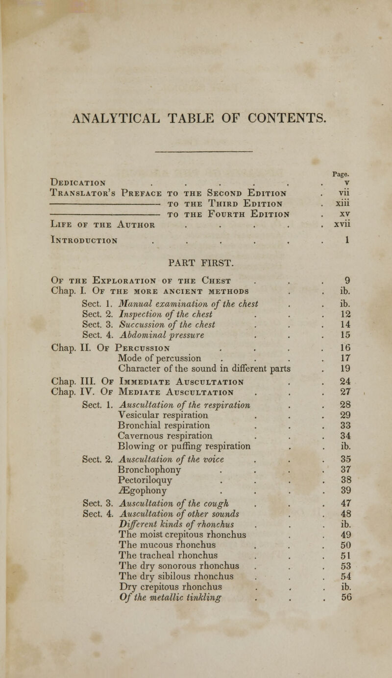 ANALYTICAL TABLE OF CONTENTS. Dedication ..... Translator's Preface to the Second Edition to the Third Edition to the Fourth Edition Life of the Author .... Introduction ..... Page. V vii xiii xv xvii 1 PART FIRST. Of the Exploration of the Chest Chap. I. Of the more ancient methods Sect. 1. Manual examination of the chest Sect. 2. Inspection of the chest Sect. 3. Succussion of the chest Sect. 4. Abdominal pressure Chap. II. Of Percussion Mode of percussion Character of the sound in different parts Chap. III. Of Immediate Auscultation Chap. IV. Of Mediate Auscultation Sect. 1. Auscultation of the respiration Vesicular respiration Bronchial respiration Cavernous respiration Blowing or puffing respiration Sect. 2. Auscultation of the voice Bronchophony Pectoriloquy iEgophony Sect. 3. Auscultation of the cough Sect. 4. Auscultation of other sounds Different kinds of rhonchus The moist crepitous rhonchus The mucous rhonchus The tracheal rhonchus The dry sonorous rhonchus The dry sibilous rhonchus Dry crepitous rhonchus Of the metallic tinkling 9 ib. ib. 12 14 15 16 ir 19 24 27 28 29 33 34 ib. 35 37 38 39 47 48 ib. 49 50 51 53 54 ib. 56