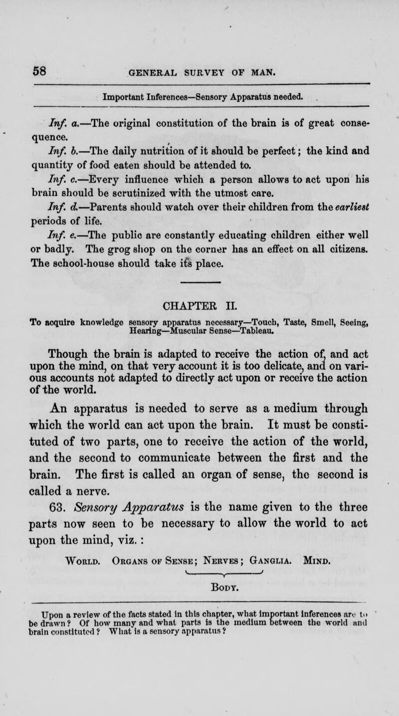 Important Inferences—Sensory Apparatus needed. Inf. a.—The original constitution of the brain is of great conse- quence. Inf. b.—The daily nutrition of it should be perfect; the kind and quantity of food eaten should be attended to. Inf. c.—Every influence which a person allows to act upon his brain should be scrutinized with the utmost care. Inf. d.—Parents should watch over their children from the earliest periods of life. Inf. e.—The public are constantly educating children either well or badly. The grog shop on the corner has an effect on all citizens. The school-house should take i£s place. CHAPTER II. To acquire knowledge sensory apparatus necessary—Touch, Taste, Smell, Seeing, Hearing—Muscular Sense—Tableau. Though the brain is adapted to receive the action of, and act upon the mind, on that very account it is too delicate, and on vari- ous accounts not adapted to directly act upon or receive the action of the world. An apparatus is needed to serve as a medium through which the world can act upon the brain. It must be consti- tuted of two parts, one to receive the action of the world, and the second to communicate between the first and the brain. The first is called an organ of sense, the second is called a nerve. 63. Sensory Apparatus is the name given to the three parts now seen to be necessary to allow the world to act upon the mind, viz.: World. Organs of Sense; Nerves; Ganglia. Mind. Body. Upon a review of the facts stated in this chapter, what important inferences arc to be drawn ? Of how many and what parts is the medium between the world and brain constituted ? What is a sensory apparatus ?