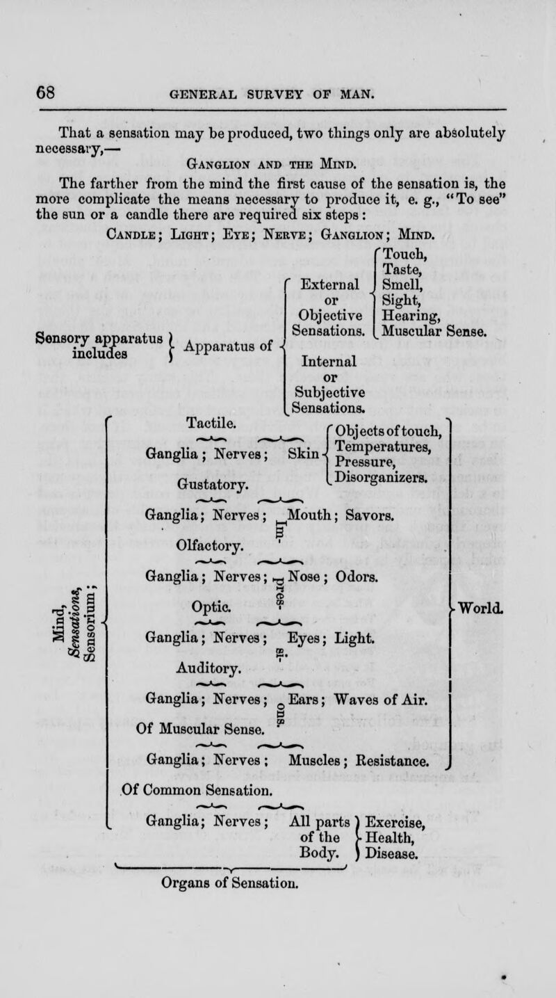 That a sensation may be produced, two things only are absolutely necessary,— Ganglion and the Mind. The farther from the mind the first cause of the sensation is, the more complicate the means necessary to produce it, e. g., To see the sun or a candle there are required six steps : Candle; Light; Eye; Nerve; Ganglion; Mind. f Touch, s™°ztfirt™\^<«'»°1 H3 »<s> .£ Tactile. External or Objective Sensations. Internal or Subjective Sensations. Taste, Smell, Sight, Hearing, Muscular Sense. _ _m_J^r,f Objects of touch, Ganglia; IT.™.; «,J«g**** Gustatory. [Di^rganizera. Ganglia; Nerves; ^Mouth; Savors. w Olfactory. ' Ganglia; Nerves; m Nose ; Odors. Optic. ? Ganglia; Nerves ; Eyes; Light. Auditory. Ganglia; Nerves; Ears; Waves of Air. Of Muscular Sense. ' Ganglia; Nerves ; Muscles; Kesistance. Of Common Sensation. Ganglia; Nerves ; All parts ) Exercise, of the V Health, Body. ) Disease. -World. Organs of Sensation.