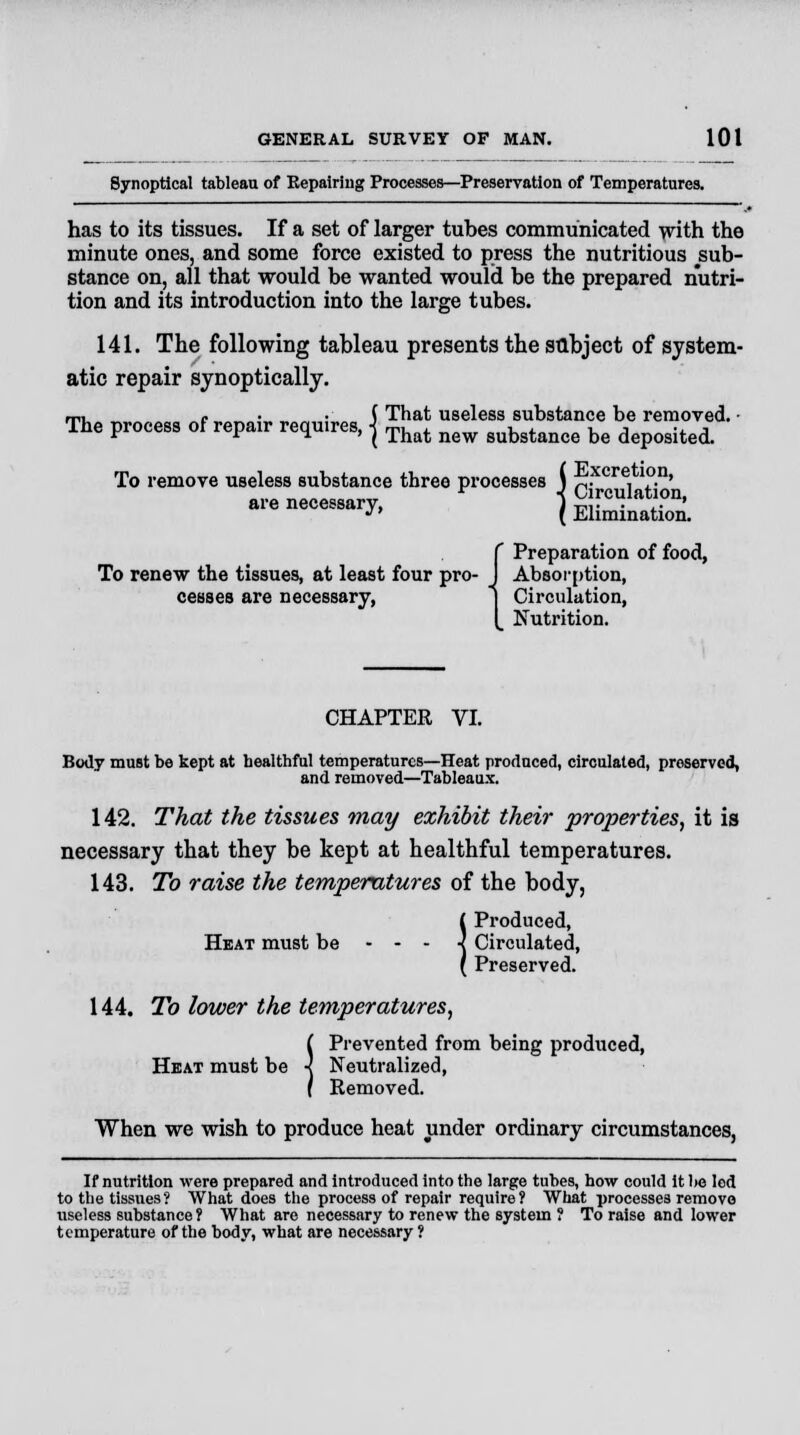 Synoptical tableau of Repairing Processes—Preservation of Temperatures. has to its tissues. If a set of larger tubes communicated with the minute ones, and some force existed to press the nutritious sub- stance on, all that would be wanted would be the prepared nutri- tion and its introduction into the large tubes. 141. The following tableau presents the subject of system- atic repair synoptically. •m. , i- . ( That useless substance be removed. The process of repair requires, -j That new 8ubstance be deposited. To remove useless substance three processes are necessary, {Preparation of food, Absorption, Circulation, Nutrition. CHAPTER VI. Body must be kept at healthful temperatures—Heat produced, circulated, preserved, and removed—Tableaux. 142. That the tissues may exhibit their properties, it is necessary that they be kept at healthful temperatures. 143. To raise the temperatures of the body, {Produced, Circulated, Preserved. 144. To lower the temperatures, revented from being produced, Heat must be \ Neutralized, Removed. ( Pre \ Nei / Rei When we wish to produce heat under ordinary circumstances, If nutrition were prepared and introduced into the large tubes, how could it be led to the tissues? What does the process of repair require? What processes remove useless substance? What are necessary to renew the system ? To raise and lower temperature of the body, what are necessary?