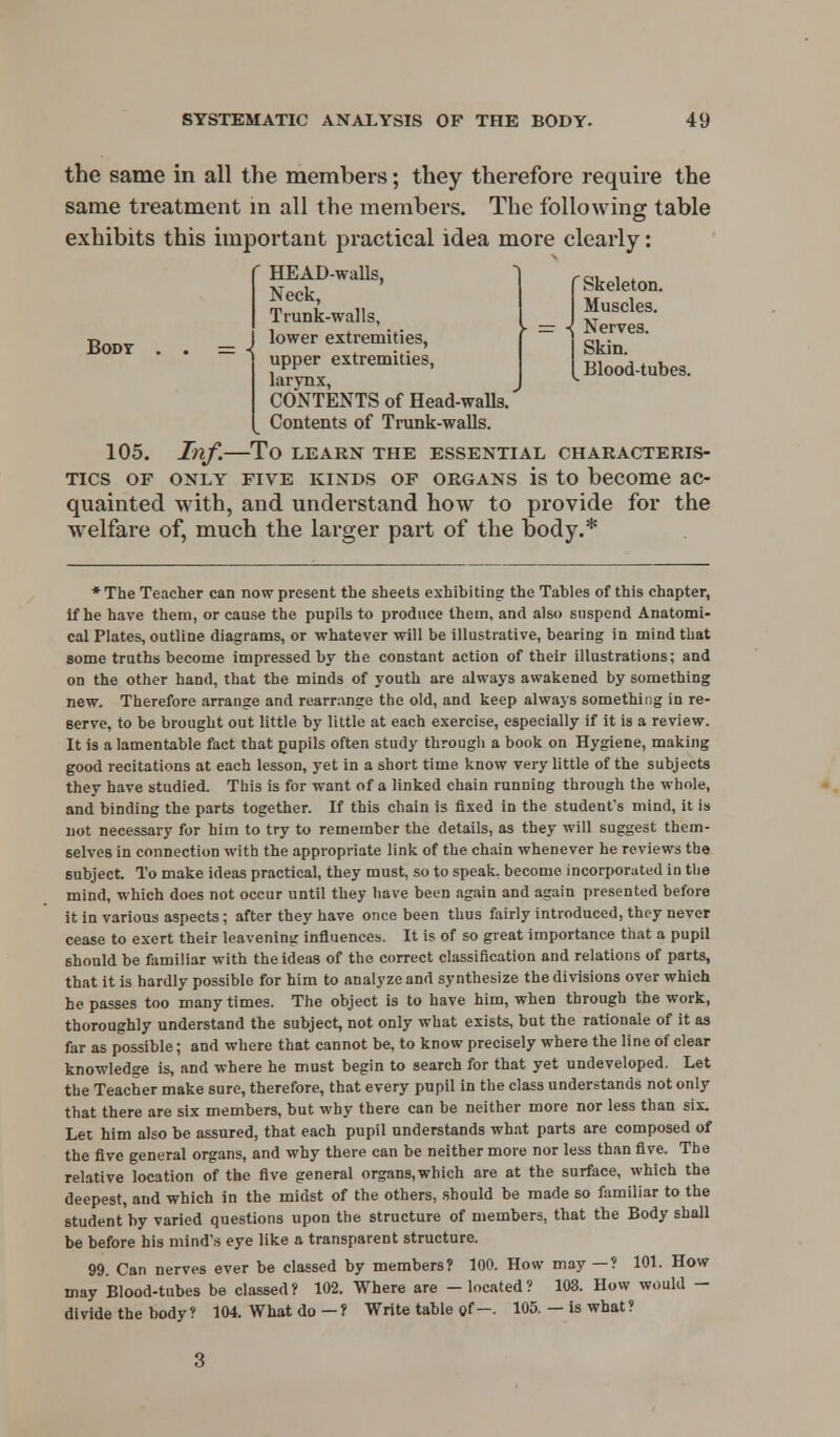 the same in all the members; they therefore require the same treatment in all the members. The following table exhibits this important practical idea more clearly: HEAD-walls, Neck, Trunk-walls, t» _ j lower extremities, upper extremities, larynx, CONTENTS of Head-walls. Contents of Trunk-walls. C Skeleton. Muscles. ■{ Nerves. Skin. [ Blood-tubes. 105. Inf. To LEARN THE ESSENTIAL CHARACTERIS- TICS of only five kinds of organs is to become ac- quainted with, and understand how to provide for the welfare of, much the larger part of the body.* •The Teacher can now present the sheets exhibiting the Tables of this chapter, if he have them, or cause the pupils to produce them, and also suspend Anatomi- cal Plates, outline diagrams, or whatever will be illustrative, bearing in mind that some truths become impressed by the constant action of their illustrations; and on the other hand, that the minds of youth are always awakened by something new. Therefore arrange and rearrange the old, and keep always something in re- serve, to be brought out little by little at each exercise, especially if it is a review. It is a lamentable fact that pupils often study through a book on Hygiene, making good recitations at each lesson, yet in a short time know very little of the subjects they have studied. This is for want of a linked chain running through the whole, and binding the parts together. If this chain is fixed in the student's mind, it is not necessary for him to try to remember the details, as they will suggest them- selves in connection with the appropriate link of the chain whenever he reviews to© subject. To make ideas practical, they must, so to speak, become incorporated in the mind, which does not occur until they have been again and again presented before it in various aspects; after they have once been thus fairly introduced, they never cease to exert their leavening influences. It is of so great importance that a pupil should be familiar with the ideas of the correct classification and relations of parts, that it is hardly possible for him to analyze and synthesize the divisions over which he passes too many times. The object is to have him, when through the work, thoroughly understand the subject, not only what exists, but the rationale of it as far as possible; and where that cannot be, to know precisely where the line of clear knowledge is, and where he must begin to search for that yet undeveloped. Let the Teacher make sure, therefore, that every pupil in the class understands not only that there are six members, but why there can be neither more nor less than six. Let him also be assured, that each pupil understands what parts are composed of the five general organs, and why there can be neither more nor less than five. The relative location of the five general organs,which are at the surface, which the deepest, and which in the midst of the others, should be made so familiar to the student by varied questions upon the structure of members, that the Body shall be before his mind's eye like a transparent structure. 99. Can nerves ever be classed by members? 100. How may — ? 101. How may Blood-tubes be classed? 102. Where are - located? 103. How would - divide the body? 104. What do —? Write table of-. 105.—is what?