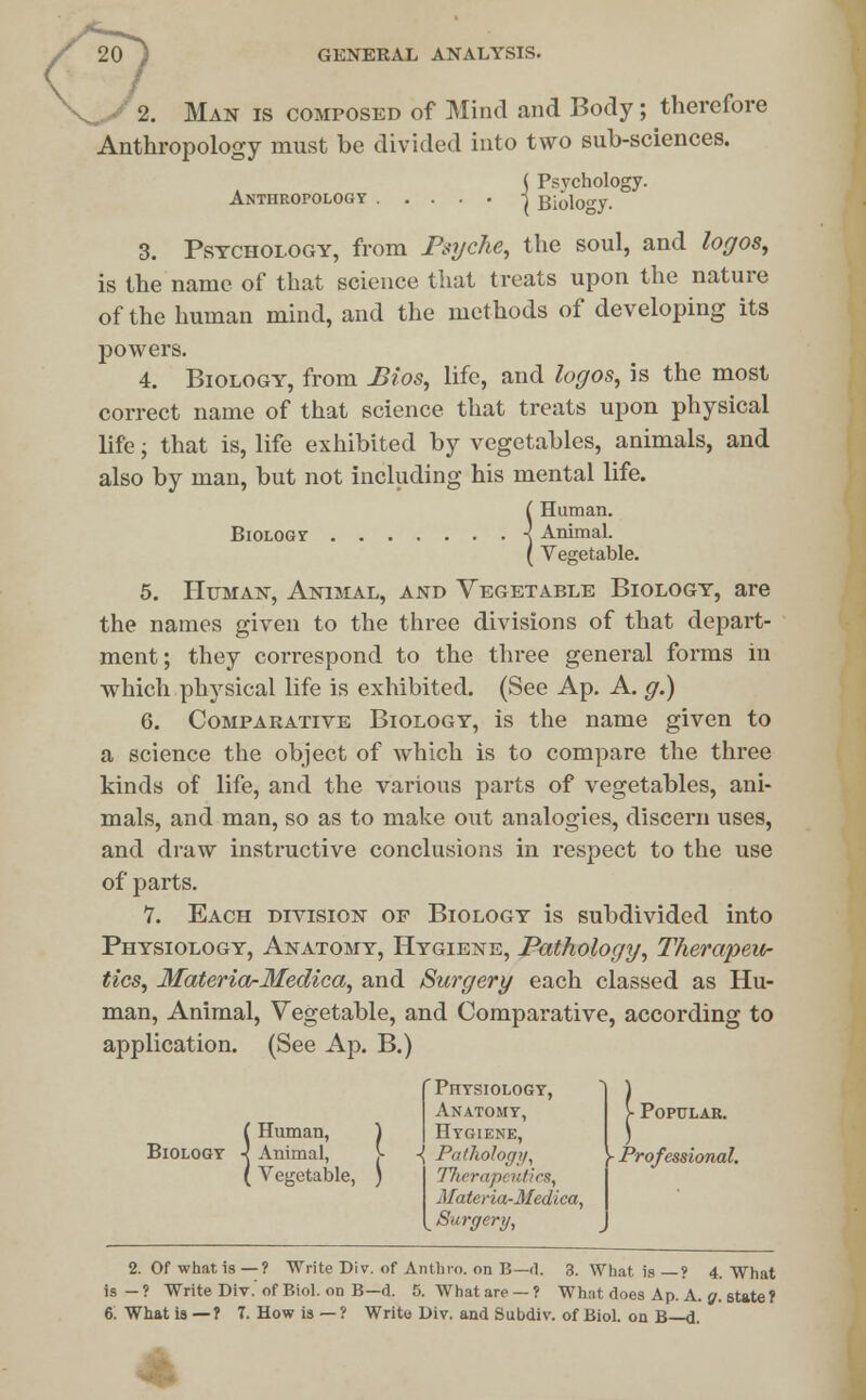Man is composed of Mind and Body; therefore Anthropology must be divided into two sub-sciences. Anthropology ( Psychology. ( Biology. 3. Psychology, from Psyche, the soul, and logos, is the name of that science that treats upon the nature of the human mind, and the methods of developing its powers. 4. Biology, from Bios, life, and logos, is the most correct name of that science that treats upon physical life; that is, life exhibited by vegetables, animals, and also by man, but not including his mental life. ! Human. Animal. Vegetable. 5. Human, Animal, and Vegetable Biology, are the names given to the three divisions of that depart- ment ; they correspond to the three general forms in which physical life is exhibited. (See Ap. A. g.) 6. Comparative Biology, is the name given to a science the object of which is to compare the three kinds of life, and the various parts of vegetables, ani- mals, and man, so as to make out analogies, discern uses, and draw instructive conclusions in respect to the use of parts. 7. Each division op Biology is subdivided into Physiology, Anatomy, Hygiene, Pathology, Therapeu- tics, Materia-Medica, and Surgery each classed as Hu- man, Animal, Vegetable, and Comparative, according to application. (See Ap. B.) ! Human, Animal, Vegetable, 'PnTSIOLOGY, Anatomy, Hygiene, ■{ Pathology, Therapeutics, Materia-Medica, __ Surgery, y Popular. - Professional. 2. Of what is—? Write Div. of An thro, on B—d. 3. What is ? 4. What is—? Write Div. of Biol, on B—d. 5. Whatare —? What does Ap. A. jr. state?