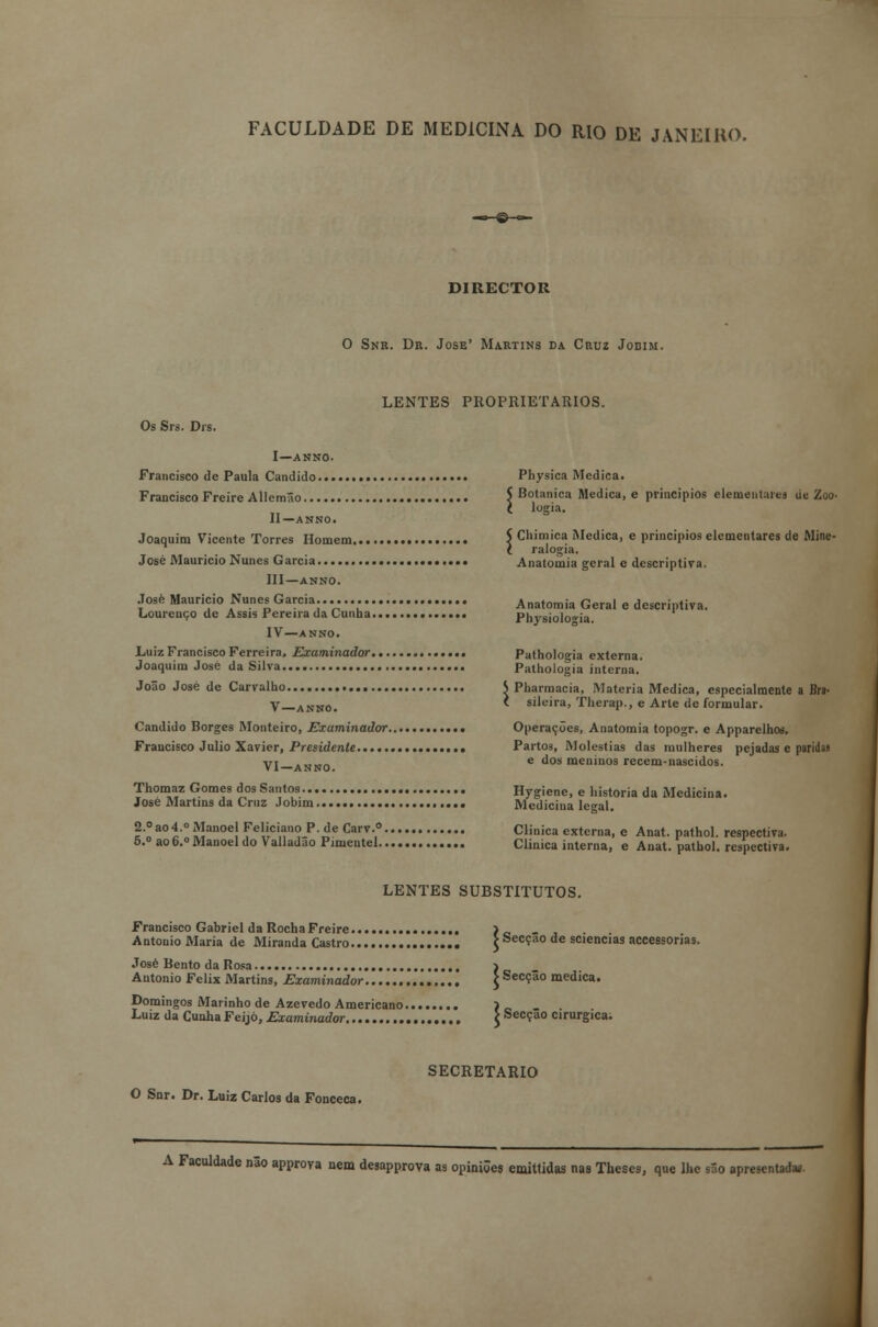 FACULDADE DE MEDICINA DO RIO DE JANEIRO. DIRECTOR O Snk. Dr. José' Martins da Cruz Jodim. LENTES PROPRIETÁRIOS. Os Srs. Drs. I—ANNO. Francisco de Paula Cândido Pbysica Medica. Francisco Freire Allemiio 5 Botânica Medica, e princípios elementares de Zoo- t logia. II—ANNO. Joaquim Vicente Torres Homem $ Chimica Medica, e princípios elementares de Minc- t ralogia. José Maurício Nunes Garcia Anatomia geral e descriptiva. III—ANNO. José Maurício Nunes Garcia....... Anatomia Geral e descriptiva. Lourenço de Assis Pereira da Cunha Physiolo«-ia IV—ANNO. Luiz Francisco Ferreira, Examinador Pathologia externa. Joaquim José da Silva Pathologia interna. João José de Carvalho S Pharmacia, Matéria Medica, especialmente a Brs- V—anno. * sileira, Therap., e Arte de formular. Cândido Borges Monteiro, Examinador Operações, Anatomia topogr. e Apparelhos. Francisco Júlio Xavier, Presidente Partos, Moléstias das mulheres pejadas e paridas VI—anno e Jos menmos recem-nascidos. Thomaz Gomes dos Santos Hygiene, e historia da Medicina. José Martins da Cruz Jobim Medicina legal. = -!a0í° nían0e! fe!lC',an<?-P ,í!e Carv\° Clinica externa, e Anat. pathol. respectiva. 5.° ao 6.» Manoel do Valladao Pimentel Clinica interna, e Anat. patbol. respectiva. LENTES SUBSTITUTOS. Francisco Gabriel da Rocha Freire } „ _ António Maria de Miranda Castro £ Secção de sciencias accessorias. José Bento da Rosa... > António Félix Martins, Examinador £ Secção medica. Domingos Marinho de Azevedo Americano 1 Luiz da Cunha Feijó, Examinador $ Secção cirúrgica; SECRETARIO O Snr. Dr. Luiz Carlos da Fonceca. A Faculdade não approva nem desapprova as opiniões emittidas nas Theses, que lhe são apresentada.