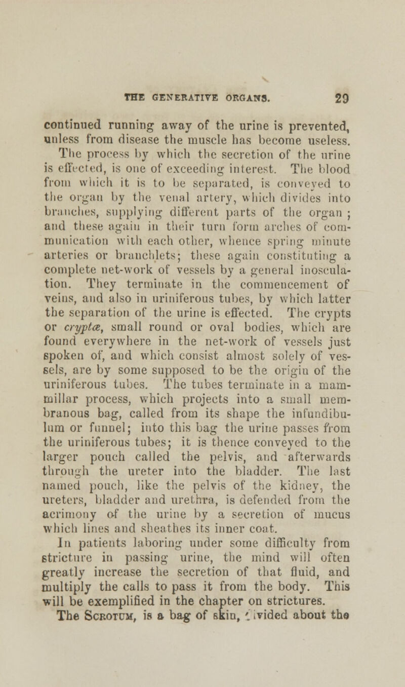 continued running away of the urine is prevented, unless from disease the muscle has become useless. The process by which the secretion of the urine is effected, is one of exceeding interest. The blood from which it is to be separated, is conveyed to the organ by the venal artery, which divides into branches, supplying different parts of the organ ; and these again in their turn form arches of com- munication with each other, whence spring minute arteries or brauchlets; these again constituting a complete net-work of vessels by a general inoscula- tion. They terminate in the commencement of veins, and also in uriniferous tubes, by which latter the separation of the urine is effected. The crypts or crypta, small round or oval bodies, which are found everywhere in the net-work of vessels just 6poken of, and which consist almost solely of ves- sels, are by some supposed to be the origin of the uriniferous tubes. The tubes terminate in a mam- miliar process, which projects into a small mem- branous bag, called from its shape the infundibu- lum or funnel; into this bag the urine passes from the uriniferous tubes; it is thence conveyed to the larger pouch called the pelvis, and afterwards through the ureter into the bladder. The last named pouch, like the pelvis of the kidney, the ureters, bladder and urethra, is defended from the acrimony of the urine by a secretion of mucus which lines and sheathes its inner coat. In patients laboring under some difficulty from Btricture in passing urine, the mind will often greatly increase the secretion of that fluid, and multiply the calls to pass it from the body. This will be exemplified in the chapter on strictures. The Scrotum, is a bag of skin, £ ivided about tho