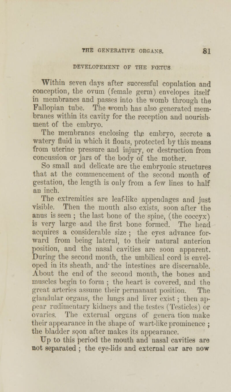 DEVELOPEMENT OF THE FOETUS Within seven days after successful copulation and conception, the ovum (female germ) envelopes itself in membranes and passes into the womb through the Fallopian tube. The womb has also generated mem- branes within its cavity for the reception and nourish- ment of the embryo. The membranes enclosing the embryo, secrete a watery fluid in which it floats, protected by this means from uterine pressure and injury, or destruction from concussion or jars of the body of the mother. So small and delicate are the embryonic structures that at the commencement of the second month of gestation, the length is only from a few lines to half an inch. The extremities are leaf-like appendages and just visible. Then the mouth also exists, soon after the anus is seen ; the last bone of the spine, (the coccyx) is very large and the first bone formed. The head acquires a considerable size ; the eyes advance for- ward from being lateral, to their natural anterion position, and the nasal cavities are soon apparent. During the second month, the umbilical cord is envel- oped in its sheath, and' the intestines are discernable. About the end of the second month, the bones and muscles begin to form ; the heart is covered, and the great arteries assume their permanant position. The glandular organs, the lungs and liver exist; then ap- pear rudimentary kidneys and the testes (Testicles) or ovaries. The external organs of genera tion make their appearance in the shape of wart-like prominence ; the bladder soon after makes its appearance. Up to this period the mouth and nasal cavities are not separated ; the eye-lids and external ear are now