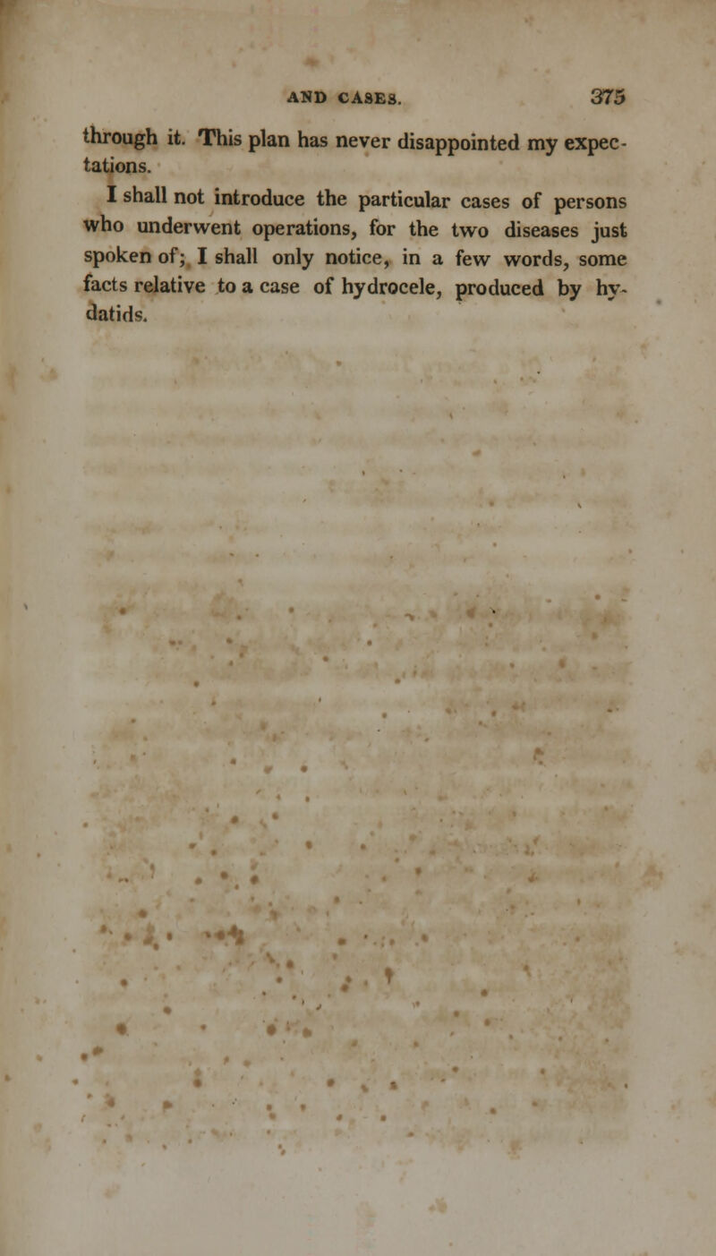 through it. This plan has never disappointed my expec- tations. I shall not introduce the particular cases of persons who underwent operations, for the two diseases just spoken of; I shall only notice, in a few words, some facts relative to a case of hydrocele, produced by hy- datids.