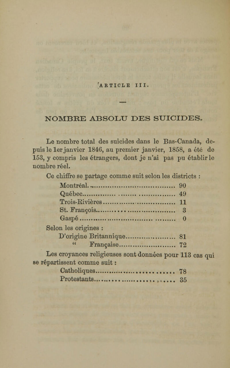NOMBRE ABSOLU DES SUICIDES. Le nombre total des suicides dans le Bas-Canada, de- puis le 1er janvier 1846, au premier janvier, 1858, a été de 153, y compris les étrangers, dont je n'ai pas pu établir le nombre réel. Ce chiffre se partage comme suit selon les districts : Montréal 90 Québec 49 Trois-Rivières 11 St. François 3 Gaspé 0 Selon les origines : D'origine Britannique 81  Française 72 Les croyances religieuses sont données pour 113 cas qui se répartissent comme suit : Catholiques 78 Protestants ,. ,,..,. 35