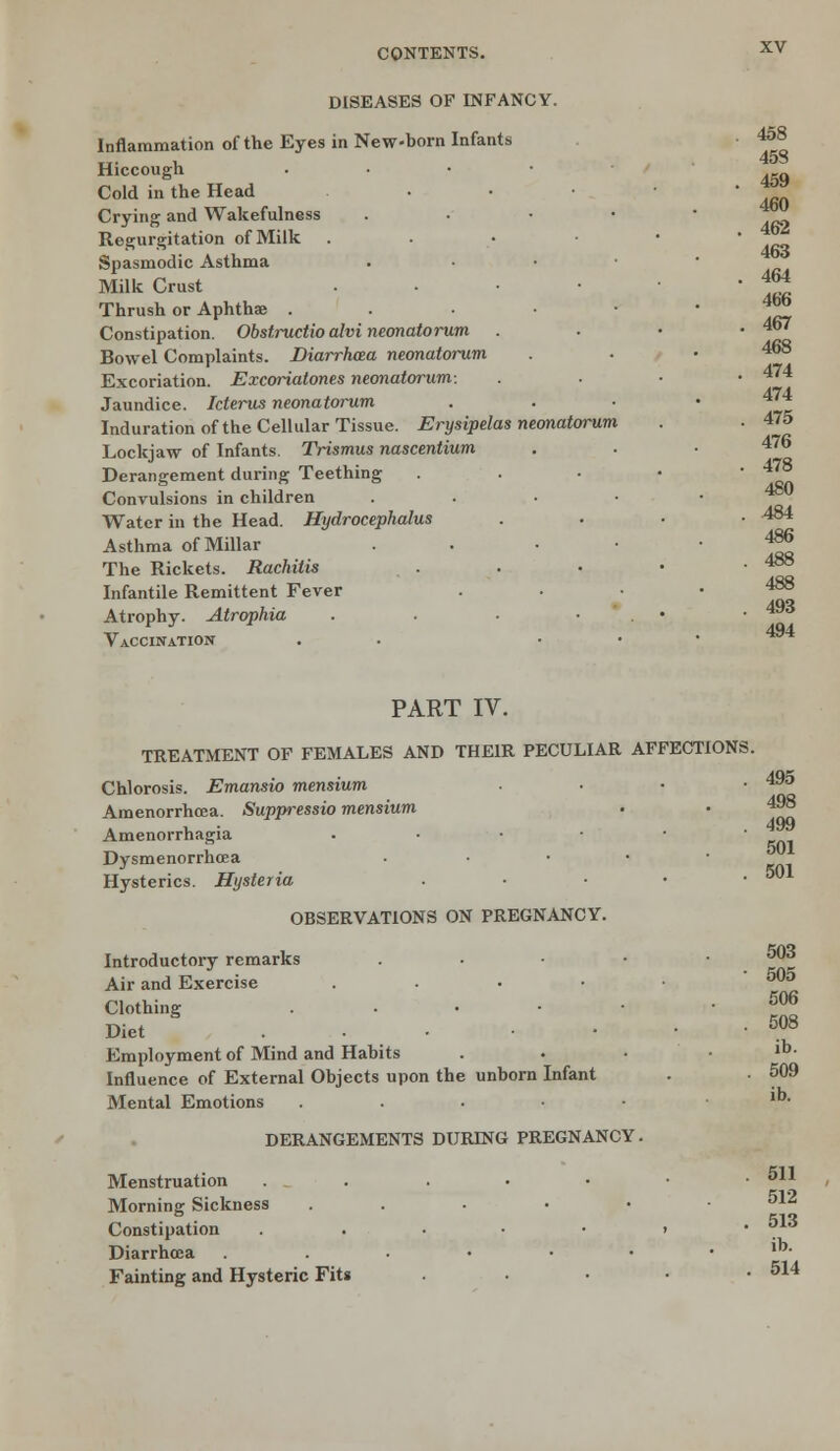 DISEASES OF INFANCY. Inflammation of the Eyes in New-born Infants Hiccough. . Cold in the Head . . . • Crying and Wakefulness . Regurgitation of Milk . Spasmodic Asthma Milk Crust . Thrush or Aphthae . Constipation. Obstructio alvi neonatorum . Bowel Complaints. Diarrhoea neonatorum Excoriation. Excoriatones neonatorum: Jaundice. Icterus neonatorum Induration of the Cellular Tissue. Erysipelas neonatorum Lockjaw of Infants. Trismus nascentium Derangement during Teething Convulsions in children . Water in the Head. Hydrocephalus Asthma of Millar . The Rickets. Rachitis Infantile Remittent Fever Atrophy. Atrophia .... Vaccination . ■ ■ 458 45S 459 460 462 463 464 466 467 468 474 474 475 476 478 480 484 486 488 488 493 494 PART IV. TREATMENT OF FEMALES AND THEIR PECULIAR AFFECTIONS. Chlorosis. Emansio mensium ■ Amenorrhcea. Suppressio mensium Amenorrhagia . Dysmenorrhea • Hysterics. Hysteria ..... OBSERVATIONS ON PREGNANCY. Introductory remarks . Air and Exercise . Clothing . Diet .-• .... Employment of Mind and Habits . Influence of External Objects upon the unborn Infant Mental Emotions . DERANGEMENTS DURING PREGNANCY. Menstruation ....-•• Morning Sickness ...••• Constipation . ...•»• Diarrhoea ...•••• Fainting and Hysteric Fits ..... 499 501 501 503 505 506 508 ib. 509 ib. 511 512 513 ib. 514