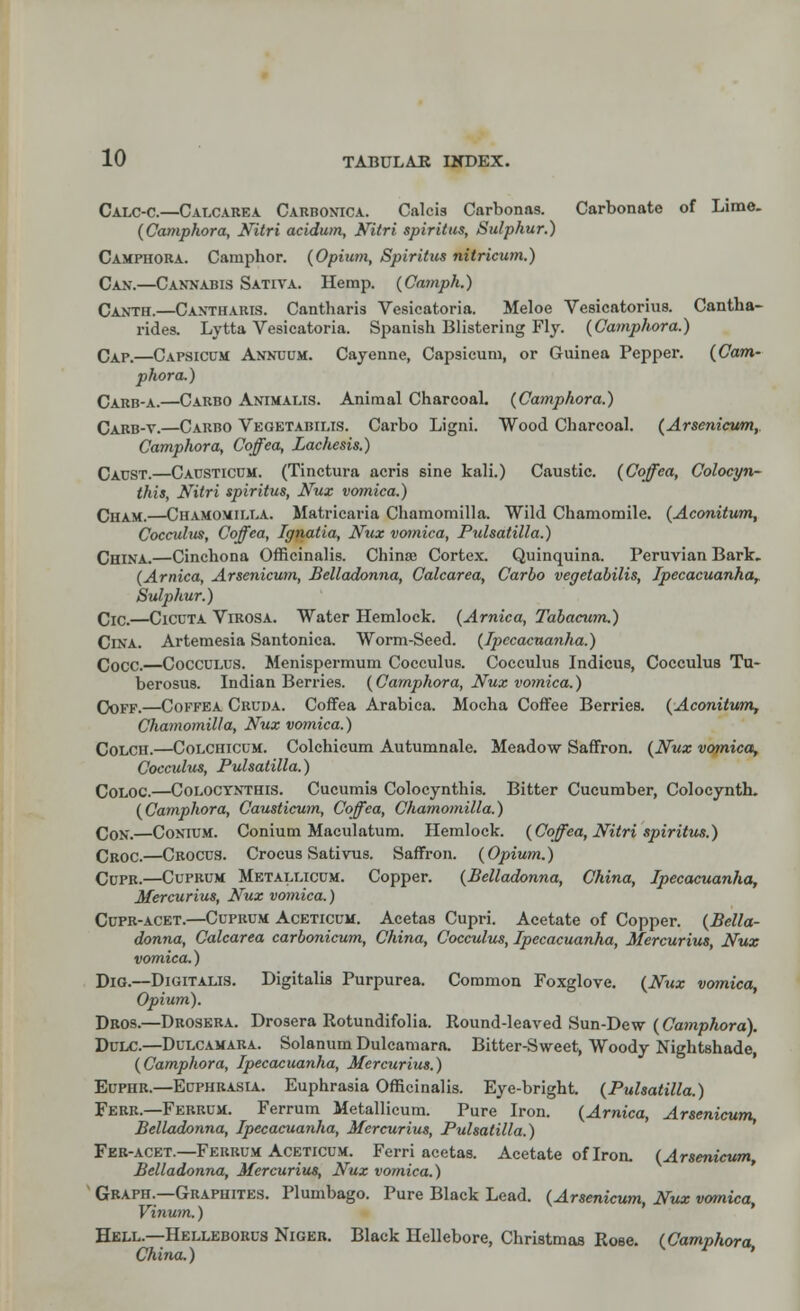 Calc-c.—Calcarea Carbonica. Calcis Carbonas. Carbonate of Lime. (Camphora, Nitri acldwn, Nitri spiritus, Sulphur.) Camphora. Camphor. (Opium, Spiritus nitricum.) Can.—Cannabis Sativa. Hemp. (Cainph.) Cantii.—Cantharis. Cantharis Vesicatoria. Meloe Vesicatorius. Cantha- rides. Lytta Vesicatoria. Spanish Blistering Fly. (Camphora.) Cap.—Capsicum Annuum. Cayenne, Capsicum, or Guinea Pepper. (Cam- phora.) Carb-a.—Carbo Animalis. Animal Charcoal. (Camphora.) Carb-v.—Carbo Vegetabilis. Carbo Ligni. Wood Charcoal. (Arsenicum, Camphora, Coffea, Lachesis.) Caust.—Causticum. (Tinctura acris sine kali.) Caustic. (Coffea, Colocyn- this, Nitri spiritus, Nux vomica.) Cham.—Chamomilla. Matricaria Chamomilla. Wild Chamomile. (Aconitum, Cocculus, Coffea, Ignatia, Nux vomica, Pidsatilla.) China.—Cinchona Officinalis. Chime Cortex. Quinquina. Peruvian Bark. (Arnica, Arsenicum, Belladonna, Calcarea, Carbo vegetabilis, Ipecacuanha? Sulphur.) CiC>—Cicuta Virosa. Water Hemlock. (Arnica, Tabacum.) Cina. Artemesia Santonica. Worm-Seed. (Ipecacuanha.) Cocc.—Cocculus. Menispermum Cocculus. Cocculus Indicus, Cocculus Tu- berosus. Indian Berries. (Camphora, Nux vomica.) Qoff.—Cokfea Cruda. Coffea Arabica. Mocha Coffee Berries. {Aconitum, Chamomilla, Nux vomica.) CoLCn.—Colchicum. Colchicum Autumnale. Meadow Saffron. (Nux vomica, Cocculus, Pulsatilla.) Coloc.—Colocynthis. Cucumis Colocynthis. Bitter Cucumber, Colocynth. (Camphora, Causticum, Coffea, Chamomilla.) Con.—Contum. Conium Maculatum. Hemlock. (Coffea, Nitri spiritus.) Croc.—Crocus. Crocus Sativus. Saffron. (Opium.) Cupr.—Cuprum Metallicum. Copper. (Belladonna, China, Ipecacuanha, Mercurius, Nux vomica.) Cupr-acet.—Cuprum Aceticum. Acetas Cupri. Acetate of Copper. (Bella- donna, Calcarea carbonicum, China, Cocculus, Ipecacuanha, Mercurius, Nux vomica.) Dig.—Digitalis. Digitalis Purpurea. Common Foxglove. (Nux vomica, Opium). Dros.—Drosera. Drosera Rotundifolia. Round-leaved Sun-Dew (Camphora). Dulc.—Dulcamara. Solanum Dulcamara. Bitter-Sweet, Woody Nightshade, (Camphora, Ipecacuanha, Mercurius.) Euphr.—Euphrasia. Euphrasia Officinalis. Eye-bright. (Pulsatilla.) Ferr— Ferrum. Ferrum Metallicum. Pure Iron. (Arnica, Arsenicum, Belladonna, Ipecacuanha, Mercurius, Pulsatilla.) Fer-acet.—Ferrum Aceticum. Ferri acetas. Acetate of Iron. (Arsenicum, Belladonna, Mercurius, Nux vomica.) Graph.—Graphites. Plumbago. Pure Black Lead. (Arsenicum, Nux vomica, Vinum.) Hell.—Helleborus Niger. Black Hellebore, Christmas Rose. (Camphora