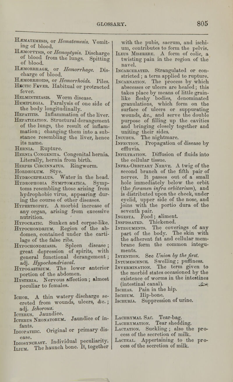 Hjematemesis, or Hematemesis. Vomit- ing of blood. Hemoptysis, or Hemoptysis. Discharge of blood from the lungs. Spitting of blood. Hemorrhage, or Hemorrhage. Dis- charge of blood. Hemorrhoids, or Hemorrhoids. Piles. Hectic Fever. Habitual or protracted fever. Helminthiasis. Worm disease. Hemiplegia. Paralvsis of one side of the body longitudinally. Hepatitis. Inflammation of the liver. Hepatization. Structural derangement of the lungs, the result of inflam- mation ; changing them into a sub- stance resembling the liver, hence its name. Hernia. Rupture. Hernia Congenita. Congenital hernia. Literally, hernia from birth. Herpes Circinnatus. Ringworm. Hordeolum. Stye. Hydrocephalus. Water in the head. Hydrophobla Symptomatica. Symp- toms resembling those arising from hydrophobic virus, appearing dur- ing the course of other diseases. Hypertrophy. A morbid increase of any organ, arising from excessive nutrition. Hypocratic. Sunken and corpse-like. Hypochondrium. Region of the ab- domen, contained under the carti- lage of the false ribs. Hypochondriasis. Spleen disease ; great depression of spirits, with general functional derangement; adj. Hypochondriacal. Hypogastrium. The lower anterior portion of the abdomen. Hysteria. Nervous affection ; almost peculiar to females. Ichor. A thin watery discharge se- creted from wounds, ulcers, <fec.; adj. Ichorous. Icterus. Jaundice. Icterus Neonatorum. Jaundice of in- fants. Idiopathic. Original or primary dis- ease. ,. . Idiosyncrasy. Individual peculiarity. Ilium. The haunch bone. It, together with the pubis, sacrum, and ischi- um, contributes to form the pelvis. Ileus Miserere. A form of colic, a twisting pain in the region of the navel. Incarcerated. Strangulated or con- stricted ; a term applied to rupture. Incarnation. The process by which abscesses or ulcers are healed; this takes place by means of little grain- like fleshy bodies, denominated granulations, which form on the surface of ulcers or suppurating wounds, <fec, and serve the double purpose of filling up the cavities and bringing closely together and uniting their sides. Incubus. The nightmare. Infection. Propagation of disease by effluvia. Infiltration. Diffusion of fluids into the cellular tissue. Infra-Orbitary Nerve. A twig of the second branch of the fifth pair of nerves. It passes out of a small hole immediately below the orbit (the foramen infra orbitarium), and is distributed upon the cheek, under eyelid, upper side of the nose, and joins with the portio dura of the seventh pair. Ingesta. Food; aliment. Inspissated. Thickened. Integuments. The coverings of any part of the body. The skin with the adherent fat and cellular mem- brane form the common integu- ments. Intention. See Union by the first. Intumescence Swelling; puffiness. Lnvermination. The term given to the morbid states occasioned by the existence of worms in the intestines (intestinal canal). ,£.:»» Ischias. Pain in the hip. Ischium. Hip-bone. Ischuria. Suppression of urine. Lachrymal Sac. Tear-bag. Laciirymation. Tear shedding. Lactation. Suckling ; also the pro- cess of the secretion of milk.. Lacteal. Appertaining to the pro- cess of the secretion of milk.