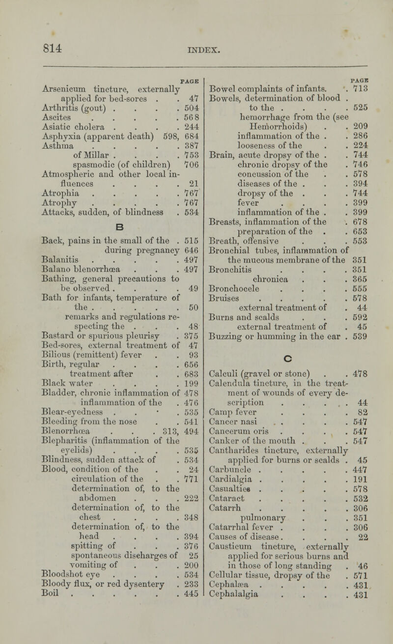 PAGE PAGE Arsenicum tincture, externally Bowel complaints of infants. 713 applied for bed-sores . 47 Bowels, determination of blood . Arthritis (gout) .... 504 to the . . . . 525 Ascites 56 8 hemorrhage from the (see Asiatic cholera .... 244 Hemorrhoids) 209 Asphyxia (apparent death) 598, 684 inflammation of the . 286 Asthma 387 looseness of the 224 of Millar .... 753 Brain, acute dropsy of the . 744 spasmodic (of children) 706 chronic dropsy of the 746 Atmospheric and other local in- concussion of the 578 fluences .... 21 diseases of the . 394 Atrophia 767 dropsy of the . 744 Atrophy 767 fever . 399 Attacks, sudden, of blindness 534 inflammation of the . 399 B Breasts, inflammation of the 678 preparation of the 653 Back, pains in the small of the . 515 Breath, offensive 553 during pregnancy 646 Bronchial tubes, inflammation of Balanitis ..... 497 the mucous membrane of the 351 Balano blenorrhcea 497 Bronchitis . 351 Bathing, general precautions to chronica 365 be observed .... 49 Bronchocele . 555 Bath for infants, temperature of Bruises 578 the 50 external treatment of 44 remarks and regulations re- Burns and scalds 592 specting the . 48 external treatment of 45 Bastard or spurious pleurisy 375 Buzzing or humming in the ear . 539 Bed-sores, external treatment of 47 Bilious (remittent) fever 93 C Birth, regular .... 656 treatment after 683 Calculi (gravel or stone) 478 Black water .... 199 Calendula tincture, in the treat- Bladder, chronic inflammation of 4*78 ment of wounds of every de- inflammation of the 476 scription . . . . 44 Blear-eyedness . 535 Camp fever . 82 Bleeding from the nose 541 Cancer nasi 547 Blenorrhcea . . . 313, 494 Cancerum oris . . . . 547 Blepharitis (inflammation of the Canker of the mouth . 547 eyelids) .... 535 Cantharides tincture, externally Blindness, sudden attack of 534 applied for burns or scalds . 45 Blood, condition of the 24 Carbuncle . 447 circulation of the 771 Cardialgia . 191 determination of, to the Casualties . 578 abdomen 222 Cataract 532 determination of, to the Catarrh 306 chest .... 348 pulmonary 351 determination of, to the Catarrhal fever . 306 head .... 394 Causes of disease. 22 spitting of 376 Caustieum tincture, externally spontaneous discharges of 25 applied for serious burns and vomiting of 200 in those of long standing 46 Bloodshot eye .... 534 Cellular tissue, dropsy of the 571 Bloody flux, or red dysentery 233 Cephalrea . 431 Boil 445 Cephalalgia . 431