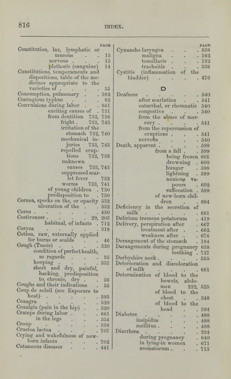 INDEX. Constitution, lax, lymphatic or mucous . .15 nervous . . .15 plethoric (sanguine) 14 Constitutions, temperaments and dispositions, table of the me- dicines appropriate to the varieties of . . . .51 Consumption, pulmonary . . 382 Contagious typhus . . .82 Convulsions during labor . .661 exciting causes of .731 from dentition 732, 736 fright. 733, 743 irritation of the stomach 732, 740 mechanical in- juries 733, 743 repelled erup- tions 732, 739 unknown causes 733, 743 suppressed scar- let fever 732 worms 733, 741 of young children . 730 predisposition to .730 Cornea, specks on the, or opacity 532 ulceration of the . . 532 Corns 450 Costiveness . . . .29, 203 habitual, of infants .712 Coryza 318 Cotton, raw, externally applied for burns or scalds . . 46 Cough (Tussis) . . . .320 condition of perfect health, as regards . . .35 hooping . . . .331 short and dry, paiuful, hacking, predisposition to, chronic, dry . .36 Coughs and their indications . 35 Coup de soleil (see Exposure to beat)- 595 Coxagra ..... 520 Coxalgia (pain in the hip) . . 520 Cramps during labor . . .661 in the legs . . . 554 Croup ..... 338 Crustea lactea .... 707 Crying and wakefulness of new- born infants . . . 702 Cutaneous diseases . . . 441 PAGn Cynanche laryngea . . . 338 maligna . . . 162 tonsillaris . . . 152 tracheitis . . . 338 Cystitis (inflammation of the bladder) . . . .476 Deafness 540 after scarlatina . . 541 catarrhal, or rheumatic 540 congestive . . . 540 from the abuse of mer- cury .... 541 from the repercussion of eruptions . . . 541 nervous . . . 540 Death, apparent .... 598 from a fall . . 599 being frozen 601 drowning . 600 hunger . 598 lightning . 599 noxious va- pours . 602 suffocation . 599 of new-born chil- dren . .684 Deficiency in the secretion of milk 681 Delirium tremens potatorum . 419 Delivery, perspiration after . 667 treatment after . . 662. weakness after . .676 Derangement of the stomach . 184 Derangements during pregnancy 638 teething . 727 Derbyshire neck .... 555 Deterioration and discoloration of milk .... 681 Determination of blood to the bowels, abdo- men of blood chest 222, 525 to the . 348 of blood to the head Diabetes insipidus mellitus Diarrhoea during pregnancy in lying-in women neonatorum . 394 488 488 488 224 640 671 713