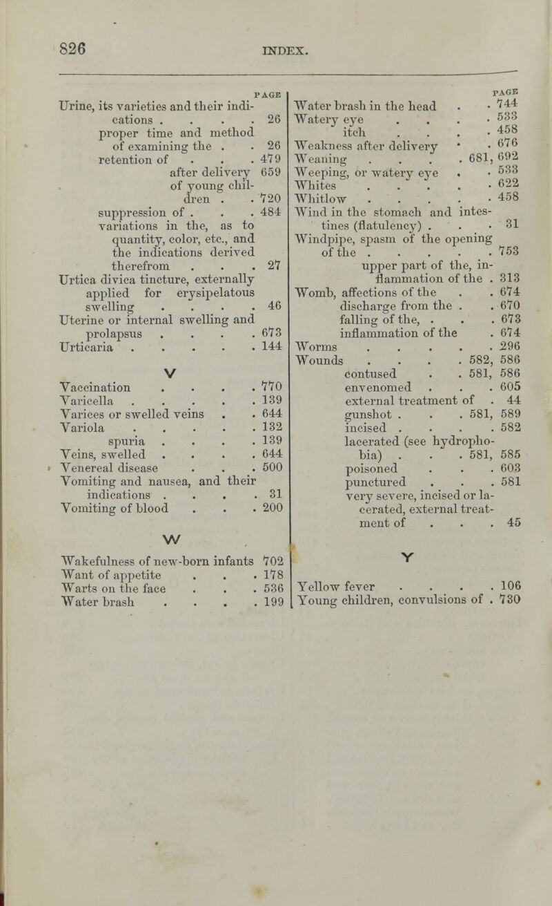 Urine, its varieties and their indi- cations . proper time and method of examining the . retention of after delivery of young chil- dren . suppression of . variations in the, as to quantity, color, etc., and the indications derived therefrom Urtica divica tincture, externally applied for erysipelatous swelling . Uterine or internal swelling and 26 26 479 659 720 484 27 46 prolapsus . 673 Urticaria . 144 V Vaccination . 770 Varicella . 139 Varices or swelled veins . 644 Variola . 132 spuria . 139 Veins, swelled . 644 Venereal disease . 500 Vomiting and nausea, and their indications . . 31 Vomiting of blood . 200 w Wakefulness of new-born infants 702 Want of appetite . . . 178 Warts on the face . . . 536 Water brash . . . .199 PAGE . 744 . 533 . 458 . 676 681, 692 . 533 Water brash in the head Watery eye itch Weakness after delivery Weaning Weeping, or watery eve Whites . . . . -622 Whitlow . . . . -458 Wind in the stomach and intes- tines (flatulency) . . .31 Windpipe, spasm of the opening of the . . . . _ . 753 upper part of the, in- flammation of the . 313 Womb, affections of the . . 674 discharge from the . . 670 falling of the, . . .673 inflammation of the . 674 Worms 296 Wounds .... 582, 586 contused . . 581, 586 envenomed . . . 605 external treatment of . 44 gunshot . . . 581, 589 incised .... 582 lacerated (see hydropho- bia) . . . 581, 585 poisoned . . . 603 punctured . . . 581 very severe, incised or la- cerated, external treat- ment of . .45 Yellow fever . . . .106 Young children, convulsions of . 730