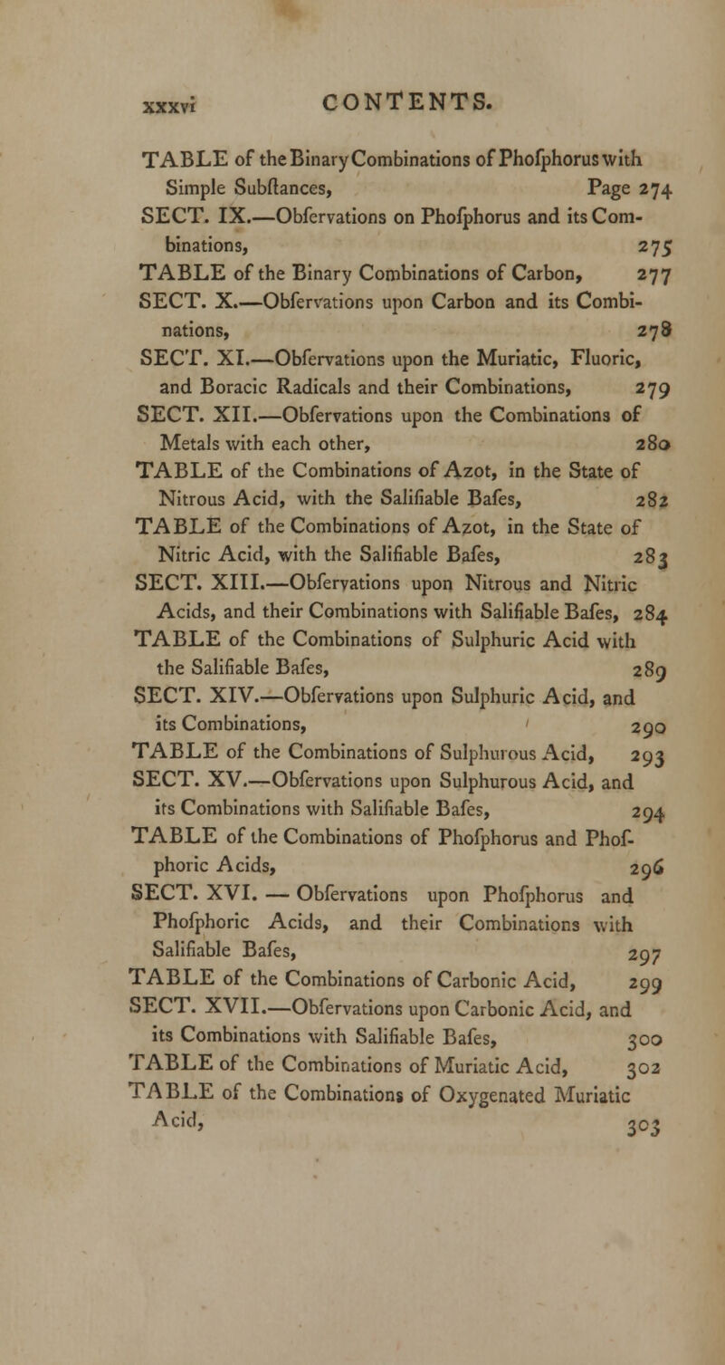 TABLE of the Binary Combinations of Phofphorus with Simple Subftances, Page 274 SECT. IX.—Obfervations on Phofphorus and its Com- binations, 275 TABLE of the Binary Combinations of Carbon, 277 SECT. X.—Obfervations upon Carbon and its Combi- nations, 278 SECT. XI.—Obfervations upon the Muriatic, Fluoric, and Boracic Radicals and their Combinations, 279 SECT. XII.—Obfervations upon the Combinations of Metals with each other, 280 TABLE of the Combinations of Azot, in the State of Nitrous Acid, with the Salifiable Bafes, 282 TABLE of the Combinations of Azot, in the State of Nitric Acid, with the Salifiable Bafes, 283 SECT. XIII.—Obfervations upon Nitrous and Nitric Acids, and their Combinations with Salifiable Bafes, 284 TABLE of the Combinations of Sulphuric Acid with the Salifiable Bafes, 289 SECT. XIV.—Obfervations upon Sulphuric Acid, and its Combinations, 290 TABLE of the Combinations of Sulphurous Acid, 293 SECT. XV.—Obfervations upon Sulphurous Acid, and its Combinations with Salifiable Bafes, 294 TABLE of the Combinations of Phofphorus and Phof- phoric Acids, 296 SECT. XVI. — Obfervations upon Phofphorus and Phofphoric Acids, and their Combinations with Salifiable Bafes, 297 TABLE of the Combinations of Carbonic Acid, 299 SECT. XVII.—Obfervations upon Carbonic Acid, and its Combinations with Salifiable Bafes, 300 TABLE of the Combinations of Muriatic Acid, 302 TABLE of the Combinations of Oxygenated Muriatic Acid, 303