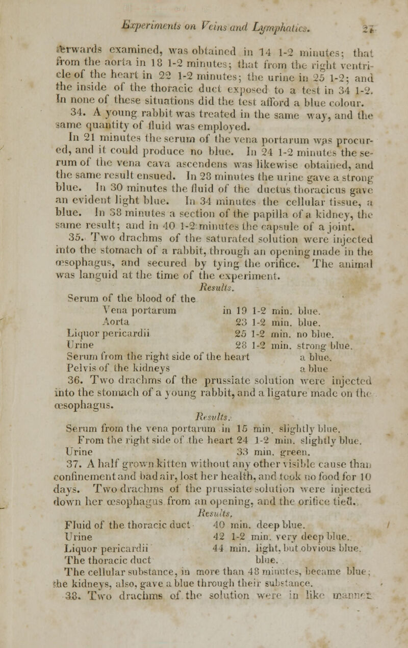 fcrwarda examined, waaobtained in 14 1-2 minutes; that from the aorta in 18 1-2 minutes; that from, the right ventrj cleof the heart in 22 1-2 minutes; the urine in 25 1-2; and the inside of the thoracic duct exposed to a test in 34 1-2. In none of these situations did the test afford a blue colour. 34. A young rabbit was treated in the same way, and the lame quantity of lluid was employed. In 21 minutes the serum of the vena portarum was procur- ed, and it could produce no blue. In 24 1-2 minutes the se- rum of the vena cava ascendani was likewise obtained, and the same result ensued. In 28 minutes the urine gave a strong blue. In 30 minutes the fluid of the ductus thoracicus gave an evident light blue. In 34 minutes the cellular tissue, n blue. In 38 minutes a section of the papilla of a kidney, the same result; and in 40 1-2 minutes the capsule of a joint. 35. Two drachms of the saturated solution were injected into the stomach of a rabbit,.through an opening made in the oesophagus, and secured by tyingthe orifice. The animal was languid at the time of the experiment. Results. Serum of the blood of. the Vena portarum in 19 1-2 min. blue. Aorta 23 1-2 min. blue. Liquor pericardii 25 1-2 min. no blue. Urine 28 1-2 min. strong blue. Serum from the right side of the heart a blue. Pelvis of the kidneys a blue 36. Two drachms of the prussiate solution were injected into the stomach of a \ dung rabbit, and a ligature made on tin oesophagus. Results. Serum from the vena portarum in 15 min. slightly blue. From the right side of the heart 24 1-2 min. slightly blue, Urine 3.^ min. green. 37. A half grown kitten without any other visible cause thai confinement and bad air, lost her health,and took no food for 10 days. Two drachms of the prussiate. solution were injected flown her oesophagus from an opening, and the orifice tied. Results, Fluid of the thoracic due'. 40 min. deep blue. Urine '12 1-2 min. very deep blue. Liquor pericardii 44 min. light, but obvious blue. The thoracic duct blue. The cellular substance, in more than 48 minutes, became 6!u< d.ie kidneys, also, gave a blue through their substance. 38. Two drachms of the solution were in like manned