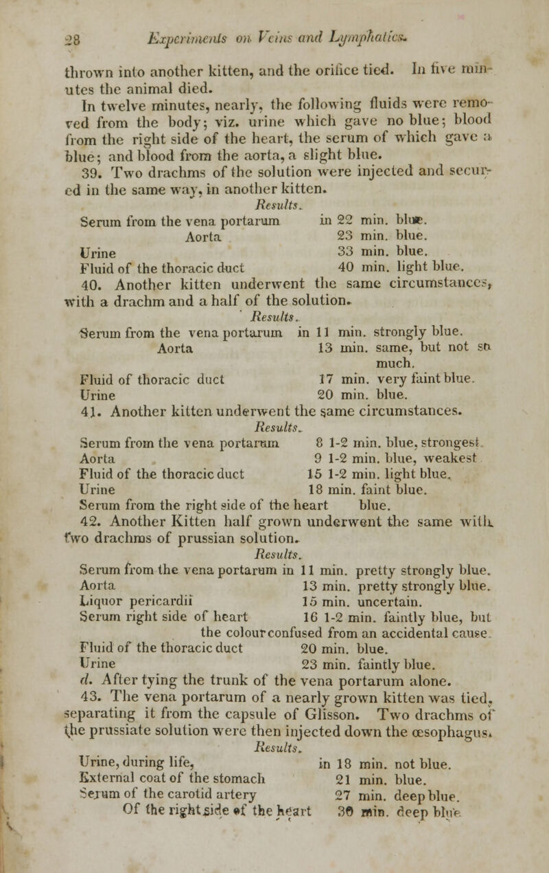 thrown into another kitten, and the orilice tied. In five ruin utes the animal died. In twelve minutes, nearly, the following fluids were remo- ved from the body; viz. urine which gave no blue; blood from the right side of the heart, the serum of which gave a blue; and blood from the aorta, a slight blue. 39. Two drachms of the solution were injected and secur- ed in the same way, in another kitten. Results. Serum from the vena portarum in 22 min. blur. Aorta 23 min. blue. Urine 33 min. blue. Fluid of the thoracic dnct 40 min. light blue. 40. Another kitten underwent the same circumstances, with a drachm and a half of the solution* Results. Serum from the vena portarum in 11 min. strongly blue. Aorta 13 min. same, but not sn much. Fluid of thoracic duct 17 min. very faint blue. Urine 20 min. blue. 41. Another kitten underwent the same circumstances. Results* Serum from the vena portanim 8 1-2 min. blue, strongest Aorta 9 1-2 min. blue, weakest Fluid of the thoracic duct 15 1-2 min. light blue. Urine 18 min. faint blue. Serum from the right side of the heart blue. 42. Another Kitten half grown underwent the same with, fwo drachms of prussian solution* Results. Serum from the vena portarum in 11 min. pretty strongly blue. Aorta 13 min. pretty strongly blue. Liquor pericardii 15 min. uncertain. Serum right side of heart 16 1-2 min. faintly blue, but the colour confused from an accidental causae Fluid of the thoracic duct 20 min. blue. Urine 23 min. faintly blue. d. After tying the trunk of the vena portarum alone. 43. The vena portarum of a nearly grown kitten was tied, separating it from the capsule of Glisson. Two drachms of the prussiate solution were then injected down the oesophagus. Results, Urine, during life, in 18 min. not blue. External coat of the stomach 21 min. blue. Sejum of the carotid artery 27 min. deep blue. Of the righUide «f the heart 30 min. deep bltfe