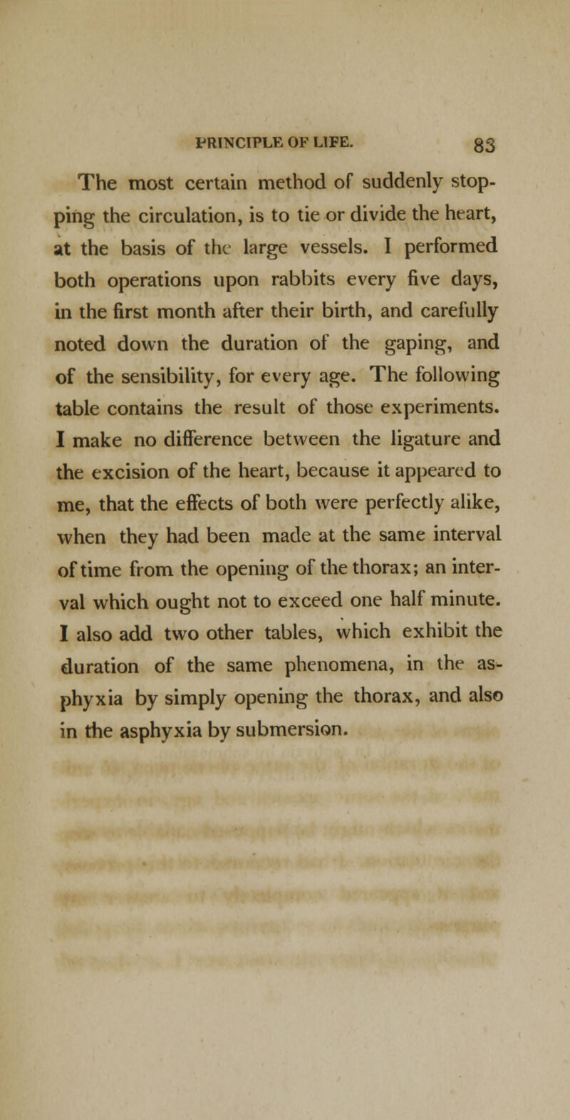 The most certain method of suddenly stop- ping the circulation, is to tie or divide the heart, at the basis of the large vessels. I performed both operations upon rabbits every five days, in the first month after their birth, and carefully noted down the duration of the gaping, and of the sensibility, for every age. The following table contains the result of those experiments. I make no difference between the ligature and the excision of the heart, because it appeared to me, that the effects of both were perfectly alike, when they had been made at the same interval of time from the opening of the thorax; an inter- val which ought not to exceed one half minute. I also add two other tables, which exhibit the duration of the same phenomena, in the as- phyxia by simply opening the thorax, and also in the asphyxia by submersion.