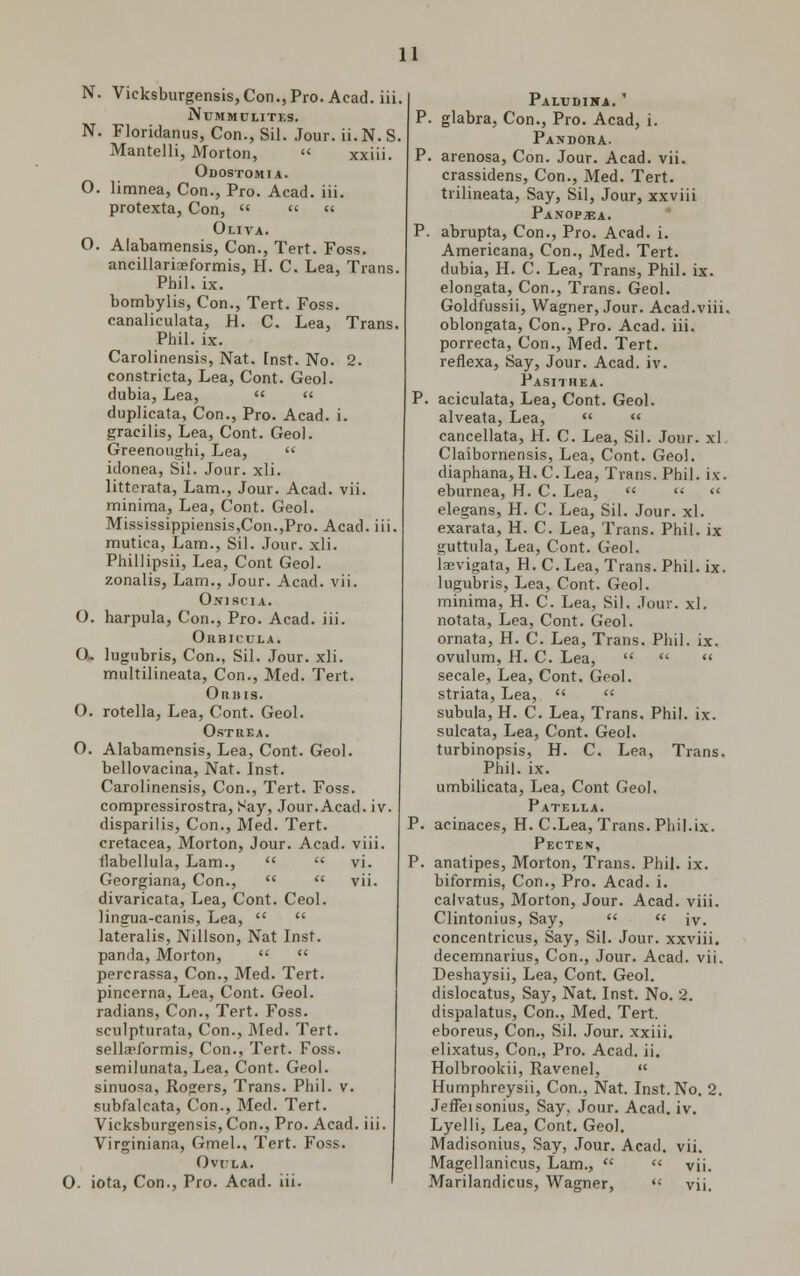 N. 0. N. Vicksburgensis, Con., Pro. Acad. iii. NlTMMDLITES. Floridanus, Con., Sil. Jour. ii.N. S. Mantelli, Morton,  xxiii. Odostomia. limnea, Con., Pro. Acad. iii. protexta, Con, « «  Oliva. O. Alabamensis, Con., Tert. Foss. ancillariaeformis, H. C. Lea, Trans. Phil. ix. bombylis, Con., Tert. Foss. canaliculata, H. C. Lea, Trans. Phil. ix. Carolinensis, Nat. [nst. No. 2. constricta, Lea, Cont. Geol. dubia, Lea,  « duplicata, Con., Pro. Acad. i. gracilis, Lea, Cont. Geol. Greenoughi, Lea,  idonea, Sil. Jour. xli. littcrata, Lam., Jour. Acad. vii. minima, Lea, Cont. Geol. Mississippiensis,Con.,Pro. Acad. iii. mutica, Lam., Sil. Jour. xli. Phillipsii, Lea, Cont Geol. zonalis, Lam., Jour. Acad. vii. Ojtiscia. O. harpula, Con., Pro. Acad. iii. Ohbicula. O- lugubris, Con., Sil. Jour. xli. multilineata, Con., Med. Tert. Oubis. O. rotella, Lea, Cont. Geol. OsTHEA. O. Alabamensis, Lea, Cont. Geol. bellovacina, Nat. Inst. Carolinensis, Con., Tert. Foss. compressirostra, Say, Jour.Acad, n disparilis, Con., Med. Tert. cretacea, Morton, Jour. Acad, viii tlabellula, Lam.,   vi. Georgiana, Con.,   vii. divaricata, Lea, Cont. Ceol. lingua-canis, Lea,   lateralis, Nillson, Nat Inst, panda, Morton,   percrassa, Con., Med. Tert. pincerna, Lea, Cont. Geol. radians, Con., Tert. Foss. sculpturata, Con., Med. Tert. sellaeformis, Con., Tert. Foss. semilunata, Lea, Cont. Geol. sinuosa, Rogers, Trans. Phil. v. subfalcata, Con., Med. Tert. Vicksburgensis, Con., Pro. Acad, iii Virginiana, Gmel., Tert. Foss. OvrLA. 0. iota, Con., Pro. Acad. iii. Paludiwa.' P. glabra, Con., Pro. Acad, i. Paxdora. P. arenosa, Con. Jour. Acad. vii. crassidens, Con., Med. Tert. trilineata, Say, Sil, Jour, xxviii Panopjea. P. abrupta, Con., Pro. Acad. i. Americana, Con., Med. Tert. dubia, H. C. Lea, Trans, Phil. ix. elongata, Con., Trans. Geol. Goldfussii, Wagner, Jour. Acad.viii. oblongata, Con., Pro. Acad. iii. porrecta, Con., Med. Tert. reflexa, Say, Jour. Acad. iv. Pasithea. P. aciculata, Lea, Cont. Geol. alveata, Lea,  « cancellata, H. C. Lea, Sil. Jour. xl. Claibornensis, Lea, Cont. Geol. diaphana, H. C. Lea, Trans. Phil. ix. eburnea, H. C. Lea,  «  elegans, H. C. Lea, Sil. Jour. xl. exarata, H. C. Lea, Trans. Phil, ix guttula, Lea, Cont. Geol. laevigata, H. C. Lea, Trans. Phil. ix. lugubris, Lea, Cont. Geol. minima, H. C. Lea, Sil. Jour. xl. notata, Lea, Cont. Geol. ornata, H. C. Lea, Trans. Phil. ix. ovulum, H. C. Lea,    secale, Lea, Cont. Geol. striata, Lea,   subula, H. C. Lea, Trans. Phil. ix. sulcata, Lea, Cont. Geol. turbinopsis, H. C. Lea, Trans. Phil. ix. umbilicata, Lea, Cont Geol, Patella. P. acinaces, H. C.Lea, Trans. Phil.ix. Pecten, P. anatipes, Morton, Trans. Phil. ix. biformis, Con., Pro. Acad. i. calvatus, Morton, Jour. Acad. viii. Clintonius, Say,   iv. concentricus, Say, Sil. Jour, xxviii. decemnarius, Con., Jour. Acad. vii. Deshaysii, Lea, Cont. Geol. dislocatus, Say, Nat. Inst. No. 2. dispalatus, Con., Med. Tert. eboreus, Con., Sil. Jour, xxiii. elixatus, Con., Pro. Acad. ii. Holbrookii, Ravenel,  Humphreysii, Con., Nat. Inst. No. 2. Jeffeisonius, Say, Jour. Acad. iv. Lyelli, Lea, Cont. Geol. Madisonius, Say, Jour. Acad. vii. Magellanicus, Lam.,  « vii. Marilandicus, Wagner,  vii.