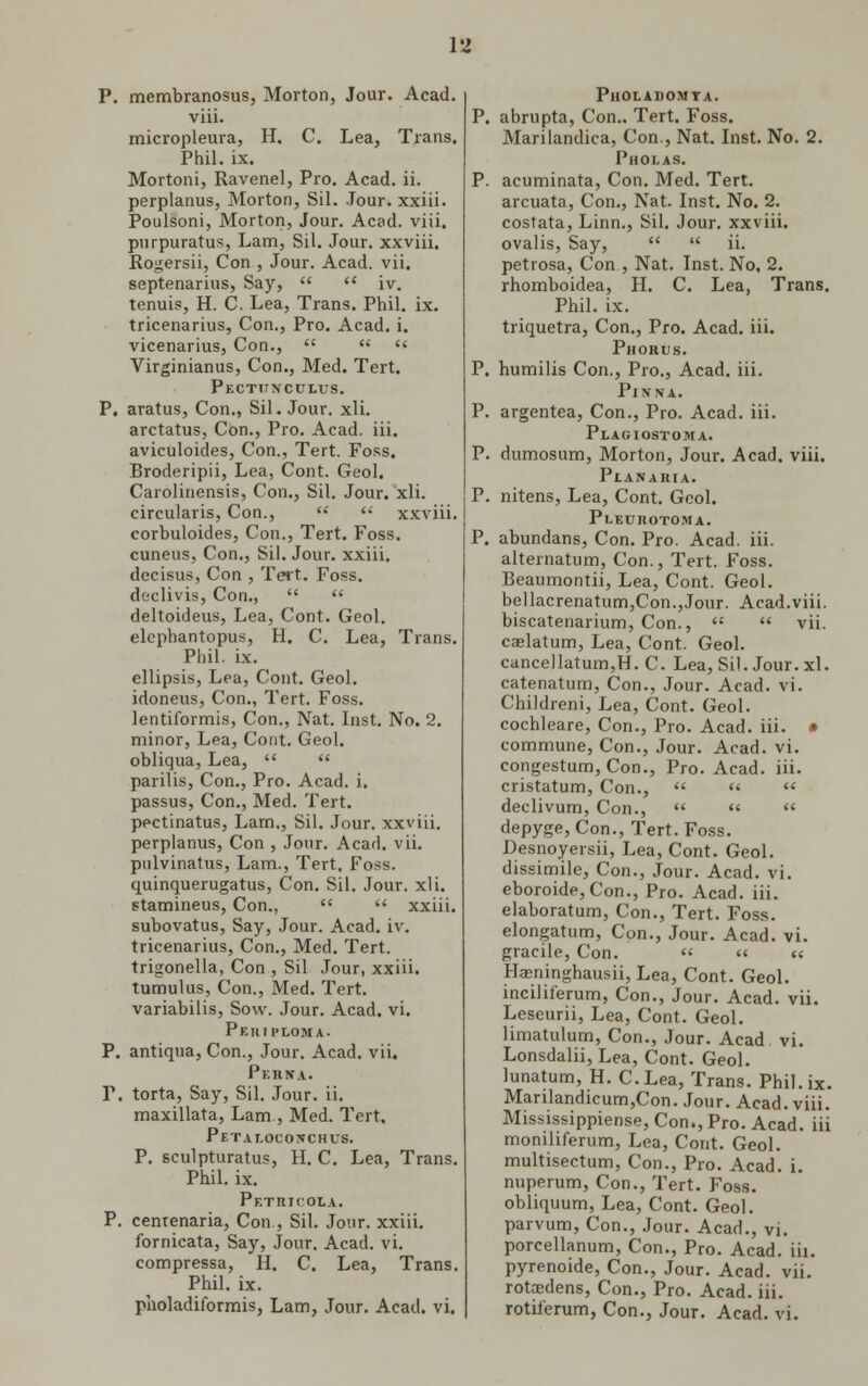 P. membranosus, Morton, Jour. Acad, viii. rnicropleura, H, C. Lea, Trans. Phil. ix. Mortoni, Ravenel, Pro. Acad. ii. perplanus, Morton, Sil. Jour, xxiii. Poulsoni, Morton, Jour. Acad. viii. purpuratus, Lam, Sil. Jour, xxviii. Rogersii, Con , Jour. Acad. vii. septenarius, Say,   iv. tenuis, H. C. Lea, Trans. Phil. ix. tricenarius, Con., Pro. Acad. i. vicenarius, Con.,   « Virginianus, Con., Med. Tert. Pectunculus. P. aratus, Con., Sil. Jour. xli. arctatus, Con., Pro. Acad. iii. aviculoides, Con., Tert. Foss. Broderipii, Lea, Cont. Geol. Carolinensis, Con., Sil. Jour. xli. circularis, Con.,   xxviii. corbuloides, Con., Tert. Foss. cuneus, Con., Sil. Jour, xxiii. decisus, Con , Tert. Foss. declivis, Con.,   deltoideus, Lea, Cont. Geol. elcphantopus, H. C. Lea, Trans. Phil. ix. ellipsis, Lea, Cont. Geol. idoneus, Con., Tert. Foss. lentiformis, Con., Nat. Inst. No. 2. minor, Lea, Cont. Geol. obliqua, Lea,   parilis, Con., Pro. Acad. i. passus, Con., Med. Tert. pectinatus, Lam., Sil. Jour, xxviii. perplanus, Con , Jour. Acad. vii. pulvinatus, Lam., Tert. Foss. quinquerugatus, Con. Sil. Jour. xli. stamineus, Con.,   xxiii. subovatus, Say, Jour. Acad. iv. tricenarius, Con., Med. Tert. trigonella, Con , Sil Jour, xxiii. tumulus, Con., Med. Tert. variabilis, Sow. Jour. Acad. vi. Pkhii'Loma. P. antiqua, Con., Jour. Acad. vii. Pebna. T. torta, Say, Sil. Jour. ii. maxillata, Lam , Med. Tert, Petai.oconchus. P. sculpturatus, H. C. Lea, Trans. Phil. ix. Petuicola. P. centenaria, Con , Sil. Jour, xxiii. fornicata, Say, Jour. Acad. vi. compressa, H. C. Lea, Trans. Phil. ix. pholadiformis, Lam, Jour. Acad. vi. PlIOLADOMYA. P. abrupta, Con., Tert. Foss. Marilandica, Con., Nat. Inst. No. 2. Pholas. P. acuminata, Con. Med. Tert. arcuata, Con., Nat. Inst. No. 2. costata, Linn., Sil. Jour, xxviii. ovalis, Say,   ii. petrosa, Con., Nat. Inst. No, 2. rhomboidea, H. C. Lea, Trans. Phil. ix. triquetra, Con., Pro. Acad. iii. Phorus. P. humilis Con., Pro., Acad. iii. Pinna. P. argentea, Con., Pro. Acad. iii. Plagiostoma. P. dumosum, Morton, Jour. Acad. viii. PiANARIA. P. nitens, Lea, Cont. Geol. Pl.EUROTOMA. P. abundans, Con. Pro. Acad. iii. alternatum, Con., Tert. Foss. Beaumontii, Lea, Cont. Geol. bellacrenatum,Con.,Jour. Acad.viii. biscatenarium, Con., '■'  vii. caelatum, Lea, Cont. Geol. cancellatum,H. C. Lea, Sil. Jour. xl. catenatum, Con., Jour. Acad. vi. Childreni, Lea, Cont. Geol. cochleare, Con., Pro. Acad. iii. • commune, Con., Jour. Acad. vi. congestum, Con., Pro. Acad. iii. cristatum, Con.,    declivum, Con.,    depyge, Con., Tert. Foss. Desnoyersii, Lea, Cont. Geol. dissimile, Con., Jour. Acad. vi. eboroide, Con., Pro. Acad. iii. elaboratum, Con., Tert. Foss. elongatum, Con., Jour. Acad. vi. gracile, Con.   a Ha»ninghausii, Lea, Cont. Geol. inciliferum, Con., Jour. Acad. vii. Leseurii, Lea, Cont. Geol. limatulum, Con., Jour. Acad vi. Lonsdalii, Lea, Cont. Geol. lunatum, H. C.Lea, Trans. Phil.ix. Marilandicum,Con. Jour. Acad. viii. Mississippiense, Con., Pro. Acad, iii moniliferum, Lea, Cont. Geol. multisectum, Con., Pro. Acad. i. nuperum, Con., Tert. Foss. obliquum, Lea, Cont. Geol. parvum, Con., Jour. Acad., vi. porcellanum, Con., Pro. Acad. iii. pyrenoide, Con., Jour. Acad. vii. rotaEdens, Con., Pro. Acad. iii. rotilerum, Con., Jour. Acad. vi.