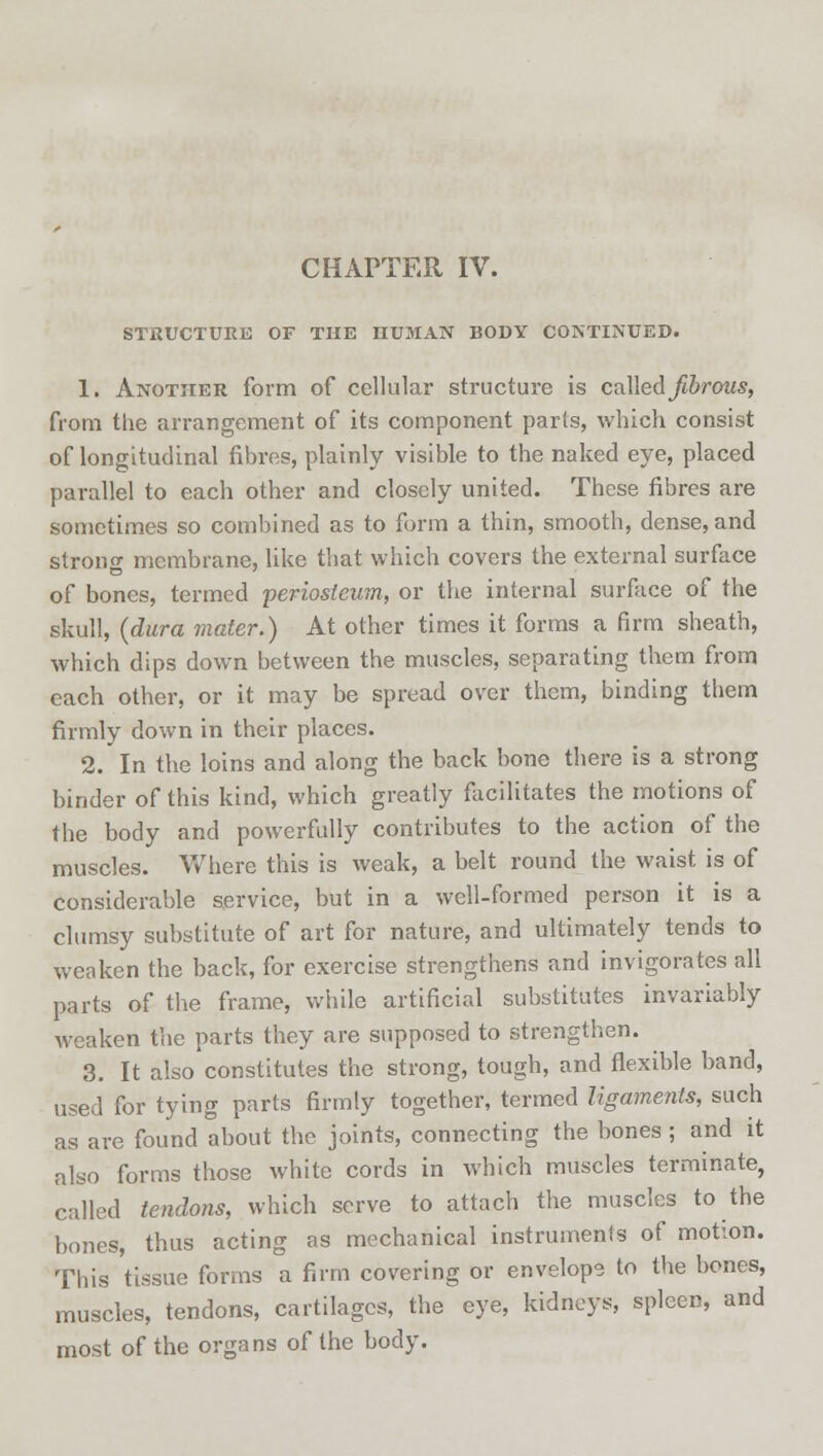 CHAPTER IV. STRUCTURE OF THE HUMAN BODY CONTINUED. 1. Another form of cellular structure is called fibrous, from the arrangement of its component parts, which consist of longitudinal fibres, plainly visible to the naked eye, placed parallel to each other and closely united. These fibres are sometimes so combined as to form a thin, smooth, dense, and strong membrane, like that which covers the external surface of bones, termed periosteum, or the internal surface of the skull, {dura mater.) At other times it forms a firm sheath, which dips down between the muscles, separating them from each other, or it may be spread over them, binding them firmly down in their places. 2. In the loins and along the back bone there is a strong binder of this kind, which greatly facilitates the motions of the body and powerfully contributes to the action of the muscles. Where this is weak, a belt round the waist is of considerable service, but in a well-formed person it is a clumsy substitute of art for nature, and ultimately tends to weaken the back, for exercise strengthens and invigorates all parts of the frame, while artificial substitutes invariably weaken the parts they are supposed to strengthen. 3. It also constitutes the strong, tough, and flexible band, used for tying parts firmly together, termed ligaments, such as are found about the joints, connecting the bones; and it also forms those white cords in which muscles terminate, called tendons, which serve to attach the muscles to the bones, thus acting as mechanical instruments of motion. This tissue forms a firm covering or envelope to the bones, muscles, tendons, cartilages, the eye, kidneys, spleen, and most of the organs of the body.