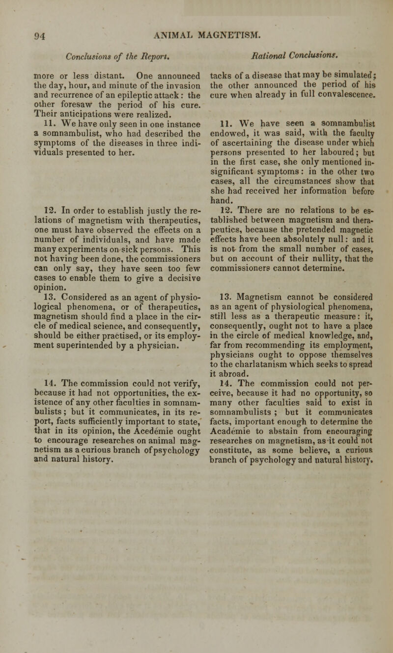 Conclusions of the Report. more or less distant. One announced the day, hour, and minute of the invasion and recurrence of an epileptic attack: the other foresaw the period of his cure. Their anticipations were realized. 11. We have only seen in one instance a somnambulist, who had described the symptoms of the diseases in three indi- viduals presented to her. 12. In order to establish justly the re- lations of magnetism with therapeutics, one must have observed the effects on a number of individuals, and have made many experiments on sick persons. This not having been done, the commissioners can only say, they have seen too few cases to enable them to give a decisive opinion. 13. Considered as an agent of physio- logical phenomena, or of therapeutics, magnetism should find a place in the cir- cle of medical science, and consequently, should be either practised, or its employ- ment superintended by a physician. 14. The commission could not verify, because it had not opportunities, the ex- istence of any other faculties in somnam- bulists ; but it communicates, in its re- port, facts sufficiently important to state, that in its opinion, the Acedemie ought to encourage researches on animal mag- netism as a curious branch of psychology and natural history. Rational Conclusions. tacks of a disease that may be simulated; the other announced the period of his cure when already in full convalescence. 11. We have seen a somnambulist endowed, it was said, with the faculty of ascertaining the disease under which persons presented to her laboured; but in the first case, she only mentioned in- significant symptoms : in the other two cases, all the circumstances show that she had received her information before hand. 12. There are no relations to be es- tablished between magnetism and thera- peutics, because the pretended magnetic effects have been absolutely null: and it is not- from the small number of cases, but on account of their nullity, that the commissioners cannot determine. 13. Magnetism cannot be considered as an agent of physiological phenomena, still less as a therapeutic measure: it, consequently, ought not to have a place in the circle of medical knowledge, and, far from recommending its employment, physicians ought to oppose themselves to the charlatanism which seeks to spread it abroad. 14. The commission could not per- ceive, because it had no opportunity, so many other faculties said to exist in somnambulists ; but it communicates facts, important enough to determine the Academie to abstain from encouraging researches on magnetism, as it could not constitute, as some believe, a curious branch of psychology and natural history.