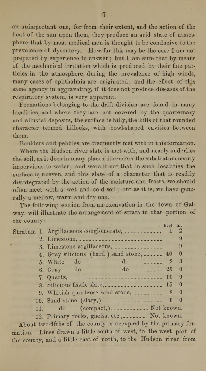 1 an Tinimportant one, for from their extent, and the action of the heat of the sun upon them, they produce an arid state of atmos- phere that by most medical men is thought to be conducive to the prevalence of dysentery. How far this may be the case I am not prepared by experience to ansAver; but I am sure that by means of the mechanical irritation Avhich is produced by their fine par- ticles in the atmosphere, during the prevalence of high winds, many cases of ophthalmia are originated; and the effect of this same agency in aggravating, if it does not produce diseases of the respiratory system, is very apparent. Formations belonging to the drift division are found in many localities, and where they are not covered by the quarternary and alluvial deposits, the surface is hilly, the hills of that rounded character termed hillocks, with bowl-shaped cavities between them. Boulders and pebbles are frequently met with in this formation. Where the Hudson river slate is met with, and nearly underlies the soil, as it does in many places, it renders the substratum nearly impervious to water; and were it not that in such localities the surface is uneven, and this slate of a character that is readily disintegrated by the action of the moisture and frosts, we should often meet with a wet and cold soil; but as it is, we have gene- rally a mellow, warm and dry one. The following section from an excavation in the toAvn of Gal- way, will illustrate the arrangement of strata in that portion of the county: Feet in. Stratum 1. Argillaceous conglomerate, 1 2 2. Limestone, 9 3. Limestone argillaceous, 9 4. Gray silicious (hard ) sand stone, 40 0 5. White do do 2 3 6. Gray do do 25 0 7. Quartz, 10 0 8. Silicious fissile slate, 15 0 9. Whitish quortzose sand stone, 8 0 . 10. Sand stone, (slaty,) 6 0 11. do (compact,) _ Not known. 12. Primary rocks, gneiss, etc., Not known. About two-fifths of the county is occupied by the primary for- mation. Lines drawn a little south of west, to the west pa,rt of the county, and a little east of north, to the Hudson river, from