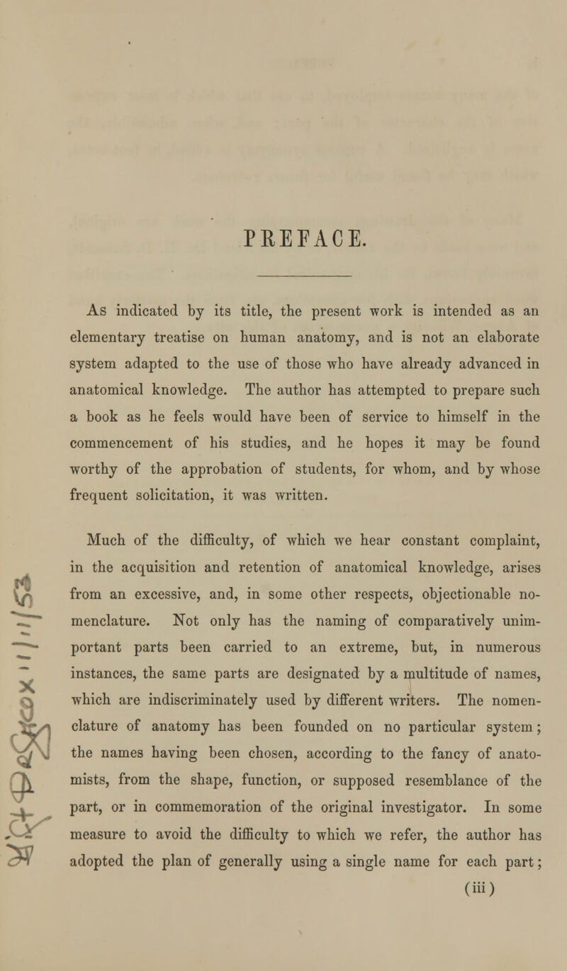 « X a PREFACE. As indicated by its title, the present work is intended as an elementary treatise on human anatomy, and is not an elaborate system adapted to the use of those who have already advanced in anatomical knowledge. The author has attempted to prepare such a book as he feels would have been of service to himself in the commencement of his studies, and he hopes it may be found worthy of the approbation of students, for whom, and by whose frequent solicitation, it was written. Much of the difficulty, of which we hear constant complaint, in the acquisition and retention of anatomical knowledge, arises from an excessive, and, in some other respects, objectionable no- menclature. Not only has the naming of comparatively unim- portant parts been carried to an extreme, but, in numerous instances, the same parts are designated by a multitude of names, which are indiscriminately used by different writers. The nomen- clature of anatomy has been founded on no particular system; the names having been chosen, according to the fancy of anato- mists, from the shape, function, or supposed resemblance of the part, or in commemoration of the original investigator. In some measure to avoid the difficulty to which we refer, the author has adopted the plan of generally using a single name for each part; (Hi)