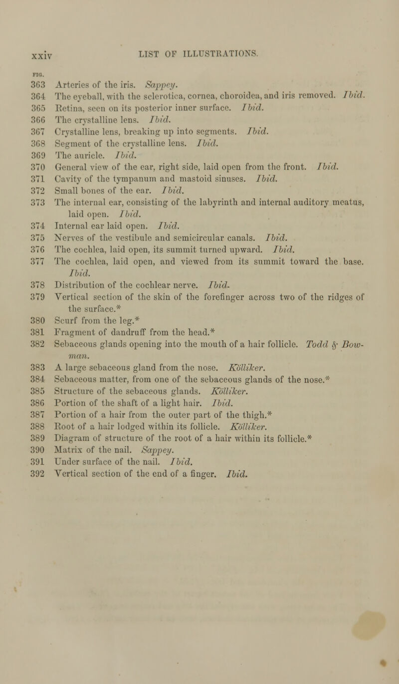FIG. 363 Arteries of the iris. Sappcy. 364 The eyeball, with the sclerotica, cornea, choroidea, and iris removed. I hid. 365 Retina, seen on its posterior inner surface. Ibid. 366 The crystalline lens. I hid. 367 Crystalline lens, breaking up into segments. Ibid. 368 Segment of the crystalline lens. Ibid. 369 The auricle. Ibid. 370 General view of the car, right side, laid open from the front. I hid. 371 Cavity of the tympanum and mastoid sinuses. Ibid. :S7'_> Small bones of the ear. Ibid. 373 The internal ear, consisting of the labyrinth and internal auditory meatus, laid open. Ibid. 374 Internal ear laid open. Ibid. 375 Nerves of the vestibule and semicircular canals. Ibid. 376 The cochlea, laid open, its summit turned upward. Ibid. 377 The cochlea, laid open, and viewed from its summit toward the base. /hid. 378 Distribution of the cochlear nerve. Ibid. 379 Vertical section of the skin of the forefinger across two of the ridges of the surface.* 380 Scurf from the leg* 381 Fragment of dandruff from the head.* 382 Sebaceous glands opening into the mouth of a hair follicle. Todd §■ Boio- IIUIII. 383 A large sebaceous gland from the nose. Kblliker. 384 Sebaceous matter, from one of the sebaceous glands of the nose.* 385 Structure of the sebaceous glands. Kblliker. 386 Portion of the shaft of a light hair. Ibid. 387 Portion of a hair from the outer part of the thigh.* 388 Root of a hair lodged within its follicle. Kblliker. 389 Diagram of structure of the root of a hair within its follicle.* 390 Matrix of the nail. Sappey. 391 Under surface of the nail. Ibid. 392 Vertical section of the end of a finger. Ibid.