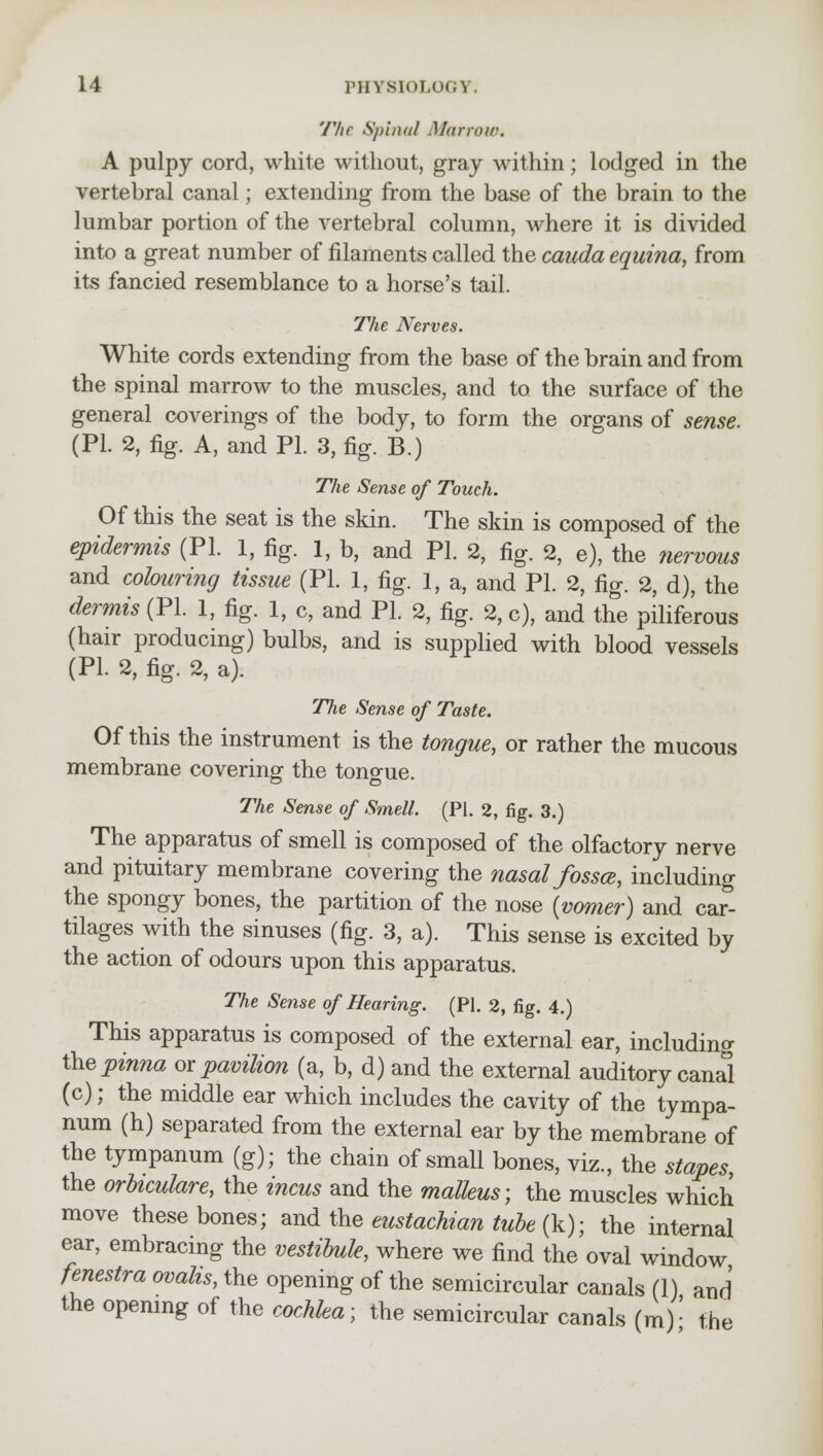The Spinal Mar row, A pulpy cord, white without, gray within; lodged in the vertebral canal; extending from the base of the brain to the lumbar portion of the vertebral column, where it is divided into a great number of filaments called the cauda equina, from its fancied resemblance to a horse's tail. The Nerves. White cords extending from the base of the brain and from the spinal marrow to the muscles, and to the surface of the general coverings of the body, to form the organs of sense. (PL 2, fig. A, and PI. 3, fig. B.) The Sense of Touch. Of this the seat is the skin. The skin is composed of the epidermis (PI. 1, fig. 1, b, and PI. 2, fig. 2, e), the nervous and colouring tissue (PL 1, fig. 1, a, and PL 2, fig. 2, d), the dermis (PL 1, fig. 1, c, and PL 2, fig. 2, c), and the piliferous (hair producing) bulbs, and is supplied with blood vessels (PL 2, fig. 2, a). The Sense of Taste. Of this the instrument is the tongue, or rather the mucous membrane covering the tongue. The Sense of Smell. (PI. 2, fig. 3.) The apparatus of smell is composed of the olfactory nerve and pituitary membrane covering the nasal fossa, including the spongy bones, the partition of the nose {vomer) and car- tilages with the sinuses (fig. 3, a). This sense is excited by the action of odours upon this apparatus. The Sense of Hearing. (PI. 2, fig. 4.) This apparatus is composed of the external ear, including the pinna or pavilion (a, b, d) and the external auditory canal (c); the middle ear which includes the cavity of the tympa- num (h) separated from the external ear by the membrane of the tympanum (g); the chain of small bones, viz., the stapes, the orbiculare, the incus and the malleus) the muscles which move these bones; and the eustachian tube (k); the internal ear, embracing the vestibule, where we find the oval window fenestra ovalis, the opening of the semicircular canals (1) and the opening of the cochlea; the semicircular canals (m)' the