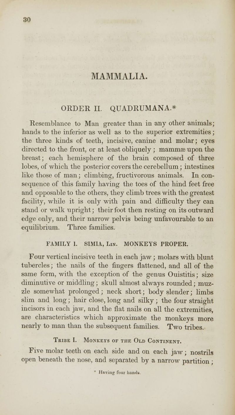 MAMMALIA. ORDER II. QUADRUMANA.* Resemblance to Man greater than in any other animals; hands to the inferior as well as to the superior extremities; the three kinds of teeth, incisive, canine and molar; eyes directed to the front, or at least obliquely ; mammae upon the breast; each hemisphere of the brain composed of three lobes, of which the posterior covers the cerebellum; intestines like those of man; climbing, fructivorous animals. In con- sequence of this family having the toes of the hind feet free and opposable to the others, they climb trees with the greatest facility, while it is only with pain and difficulty they can stand or walk upright; their foot then resting on its outward edge only, and their narrow pelvis being unfavourable to an equilibrium. Three families. FAMILY I. SIMIA, Lin. MONKEYS PROPER. Four vertical incisive teeth in each jaw; molars with blunt tubercles; the nails of the fingers flattened, and all of the same form, with the exception of the genus Ouistitis; size diminutive or middling; skull almost always rounded; muz- zle somewhat prolonged; neck short; body slender; limbs slim and long; hair close, long and silky ; the four straight incisors in each jaw, and the flat nails on all the extremities, are characteristics which approximate the monkeys more nearly to man than the subsequent families. Two tribes. Tribe I. Monkeys of the Old Continent. Five molar teeth on each side and on each jaw; nostrils open beneath the nose, and separated by a narrow partition; * Havingr four hands.