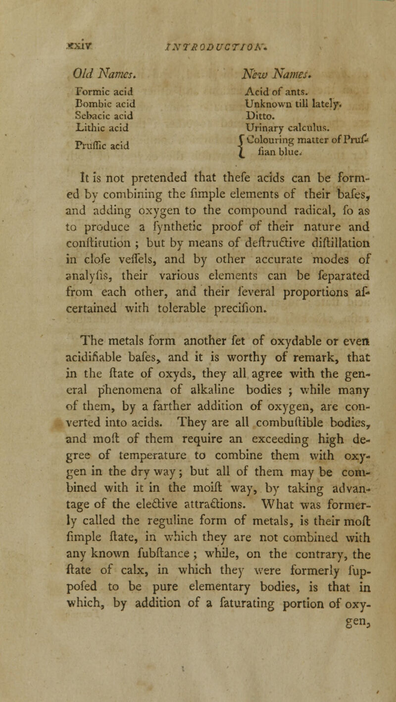 Old Names. New Names. Formic acid Acid of ants. Bombic acid Unknown till lately. Sebacic acid Ditto. Lithic acid Urinary calculus. t> rr -j S Colouring matter of Pru£ Fruific acid < r , ,ft (_ iian blue. It is not pretended that thefe acids can be form- ed by combining the fimple elements of their bafes, and adding oxygen to the compound radical, fo as to produce a fynthetic proof of their nature and conlticution ; but by means of definitive diftillation in clofe veflels, and by other accurate modes of analyfis, their various elements can be feparated from each other, and their ieveral proportions af- certained with tolerable precifion. The metals form another fet of oxydable or even acidifiable bafes,. and it is worthy of remark, that in the flate of oxyds, they all agree with the gen- eral phenomena of alkaline bodies ; while many of them, by a farther addition of oxygen, are con- verted into acids. They are all combuftible bodies, and moil of them require an exceeding high de- gree of temperature to combine them with oxy- gen in the dry way; but all of them may be com- bined with it in the moift way, by taking advan- tage of the elective attractions. What was former- ly called the reguline form of metals, is their moil fimple flate, in which they are not combined with any known fubftance ; while, on the contrary, the (late of calx, in which they were formerly fup- pofed to be pure elementary bodies, is that in which, by addition of a faturating portion of oxy- gen,