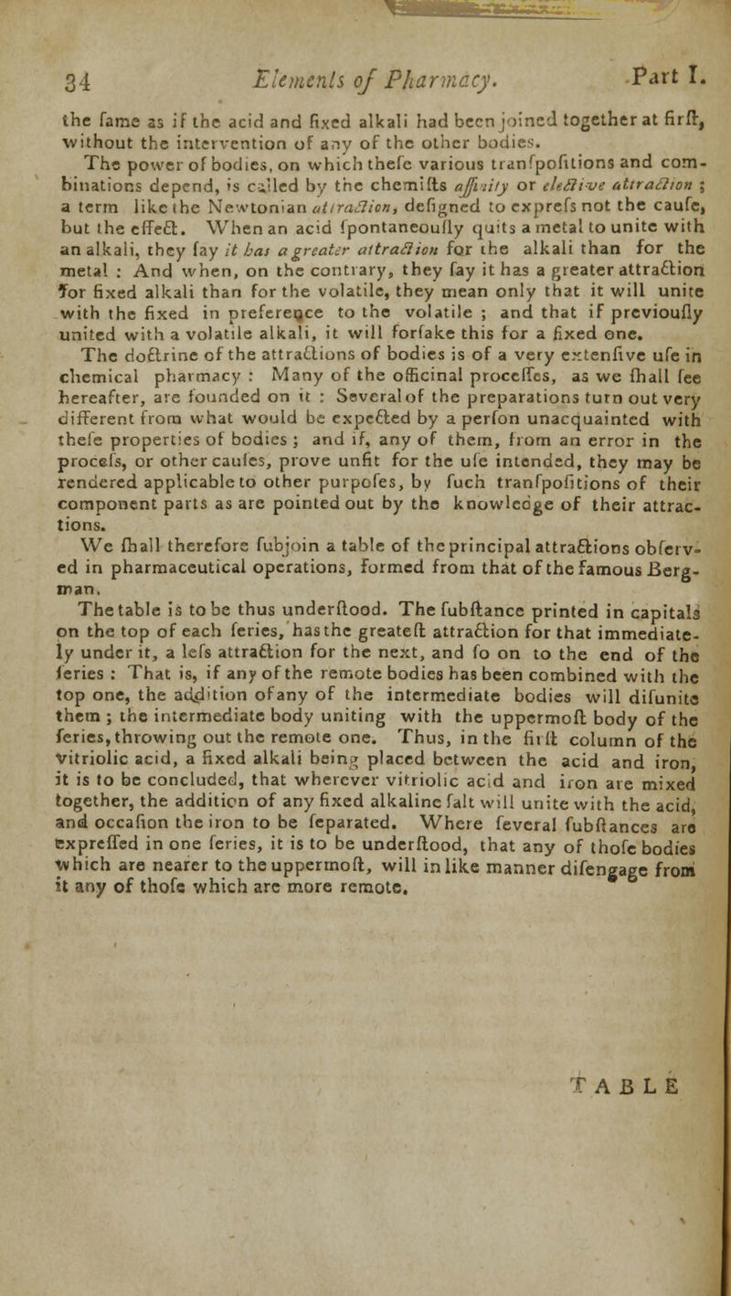 the fame as if the acid and fixed alkali had been joined together at firfr, without the inter\-ention of any of the other bodies. The power of bodies, on which thefe various tranfpofitions and com- binations depend, is c-iUed by the chemifts ajfiiiiy or chSi-ve attraction ; a term like the Newtonian uttraSion, defigned to exprefs not the caufe, but the effect. When an acid fpontaneouily quits a metal to unite with an alkali, they fay it has a greater attraftion for the alkali than for the metal : And when, on the contrary, they fay it has a greater attra&ion for fixed alkali than for the volatile, they mean only that it will unite with the fixed in preferegce to the volatile ; and that if prcvioufly united with a volatile alkali, it will forfake this for a fixed one. The doctrine of the attractions of bodies is of a very extenfive ufe in chemical pharmacy : Many of the officinal proceffes, as we fhall fee hereafter, are founded on it : Several of the preparations turn out very different from what would be expected by a perfon unacquainted with thefe properties of bodies ; and if, any of them, from an error in the procefs, or other caufes, prove unfit for the ufe intended, they may be rendered applicable to other purpofes, by fuch tranfpofitions of their component parts as are pointed out by the knowledge of their attrac- tions. We fhall therefore fubjoin a table of the principal attractions obferv- ed in pharmaceutical operations, Formed from that of the famous Berg- man. The table is to be thus underftood. The fubftance printed in capitals on the top of each feries, has the greateft attraction for that immediate- ly under it, a lefs attraciion for the next, and fo on to the end of the feries : That is, if any of the remote bodies has been combined with the top one, the addition ofany of the intermediate bodies will difunite them ; the intermediate body uniting with the uppermoft body of the feries, throwing out the remote one. Thus, in the fit ft column of the Vitriolic acid, a fixed alkali being placed between the acid and iron it is to be concluded, that wherever vitriolic acid and iion are mixed together, the addition of any fixed alkaline fait will unite with the acid and occafion the iron to be feparated. Where feveral fubfiances are expreffed in one feries, it is to be underftood, that any of thofc bodies which are nearer to the uppermoft, will in like manner difengage from it any of thofc which arc more remote. TABLE