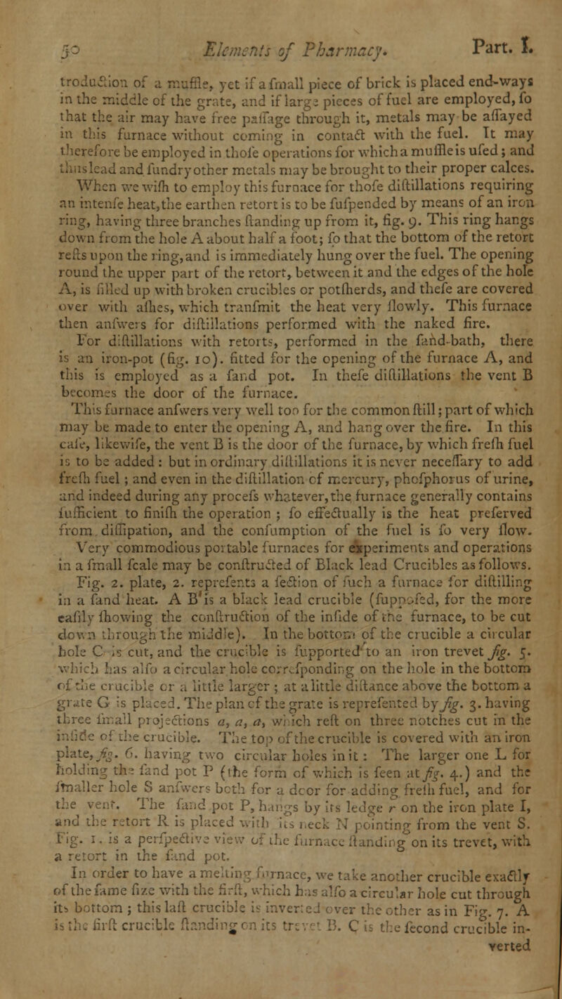 production of a muffle, yet if afmall piece of brick is placed end-ways in the middle of the grate, and if large pieces of fuel are employed, fo that the air may have free psifage through it, metals may be aflayed in this furnace without coming in contact with the fuel. It may therefore be employed in thole operations for which a muffle is ufed; and :ad and fundryother metals may be brought to their proper calces. When we wifh to employ this furnace for thofe diftillations requiring an intenfe heat,the earthen retort is to be fufpended by means of an iron ring, having three branches (landing up from it, fig. 9. This ring hangs down from the hole A about half a foot; fo that the bottom of the retort refts upon the ring,and is immediately hung over the fuel. The opening round the upper part of tiie retort, between it and the edges of the hole A, is filled up with broken crucibles or potfherds, and thefe are covered over with allies, which tranfmit the heat very flowly. This furnace then anfwers for diftillations performed with the naked fire. For diftillations with retorts, performed in the fahd-bath, there is an iron-pot (fig. 10). fitted for the opening of the furnace A, and this is employed as a fand pot. In thefe diftillations the vent B becomes the door of the furnace. This furnace anfwers very well too for the common ftill; part of which may be made to enter the opening A, and hang over the fire. In this cafe, likewife, the vent B is the door of the furnace, by which frefh fuel is to be added: but in ordinary diftillations it is never neceflary to add frefh fuel; and even in the diftillation cf mercury, phefphorus of urine, and indeed during any procefs whatever,the furnace generally contains iufneient to finifh the operation ; fo effectually is the heat preferved from, diffipation, and the confumption of the fuel is fo very flow. Very commodious portable furnaces for experiments and operations in a fmall fcale may be conftru«fted of Black lead Crucibles as follows. Fig. 2. plate, 2. reprcfer.ts a lection of fuch a furnace for diftilling in a fand heat. A B'is a black lead crucible (fuppofed, for the more eafily fhowing the construction of the infide of the furnace, to be cut down through the middle). In the bottom of the crucible a circular hole C is cut, and the crucible is fupported to an iron trevet/^. 5. which lias alfo a circular hole corr,.fponding on the hole in the bottom of the crucible or a little larger ; at a little diltance above the bottom a gr«ite G is placed. The plan cf the grate is reprefented by Jig. 3. having three finall projections a, n, a, which reft on three notches cut in the inlide of the crucible. The top of the crucible is covered with an iron plate, fig. 6. having two circular holes in it : The larger one L for holding tks fand pot P (the form of which is feen at//. 4.) and the ftnaller hole S anfwers both for a dcor for adding freih fuel, and for the vent. The fand pot P, hangs by its ledge r on the iron plate I, and the retort R is placed with us neck N pointing from the vent S. Fig. 1. is a perfpeclive vi binding on its trevet, with a retort in the fand pot. In order to have a melting furnace, we take another crucible exactly of the fame fizc with the firft, which has alfo a circular hole cut through its bottom ; thislaft crucible is inverieJ ther as in Fig. 7. A firft crucible Handing on its trevet B. C is thefecand crucible in- verted