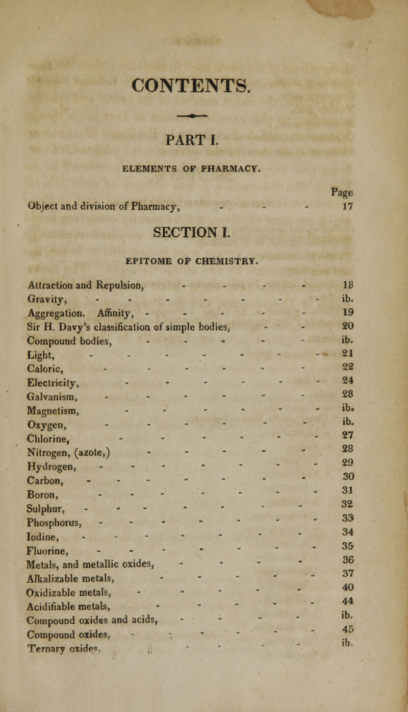 CONTENTS. PART I. ELEMENTS OF PHARMACY. Page Object and division of Pharmacy, 17 SECTION I. EPITOME OP CHEMISTRY. Attraction and Repulsion, - - ■ - - 18 Gravity, - - - - - - ib. Aggregation. Affinity, ... - - 19 Sir H. Davy's classification of simple bodies, - - 20 Compound bodies, ib. Light, --21 Caloric, - .... 22 Electricity, - - - - - - 24 Galvanism, - ... - - 28 Magnetism, - . - - - ib. Oxygen, ----- ib. Chlorine, - - - - - - 27 Nitrogen, (azote,) - . - -  28 Hydrogen, - .---29 Carbon, ----- - * 30 Boron, - ... - 31 Sulphur,  Phosphorus, - - - - Iodine, - Fluorine, - Metals, and metallic oxides, - - - 36 S7 Alkalizable metals, - 40 Oxidizable metals, - Acidifiable metals, Compound oxides and acids, Compound oxides, - - .  Ternary oxidr<=. 32 33 34 35 44 ib. 45 ib.