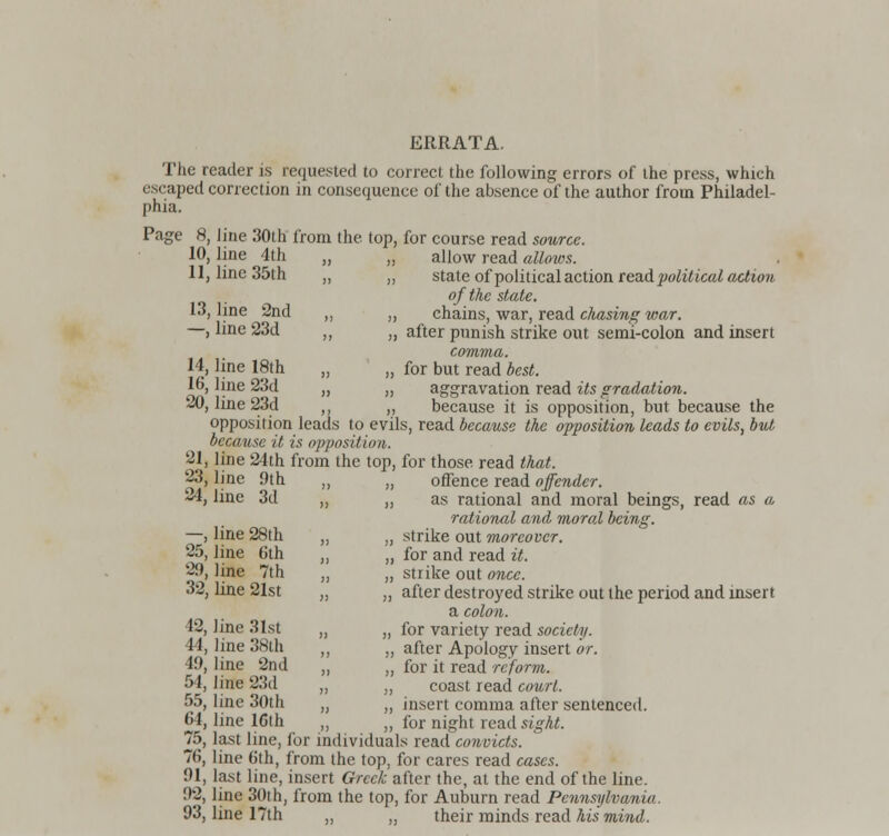 ERRATA. The reader is requested to correct the following errors of the press, which escaped correction in consequence of the absence of the author from Philadel- phia. Page 8, line 30th from the top, for course read source. 10, line 4th „ „ allow read allows. 11, line 35th „ „ state of political action read political action of the state. 13, line 2nd „ chains, war, read chasing war. —, line 23d ,, „ after punish strike out semi-colon and insert COTltTllCt 14, line 18th „ „ for but read best. 16, line 23d ,, „ aggravation read its gradation. 20, line 23d „ because it is opposition, but because the opposition leads to evils, read because the opposition leads to evils, but because it is opposition. 21, line 24th from the top, for those read that. 23, line 9th „ offence read offender. 24, line 3d „ „ as rational and moral beings, read as a rational and moral being. —, line 28th „ „ strike out moreover. 25, line 6th „ „ for and read it. 29, line 7th „ „ strike out once. 32, line 21st „ „ after destroyed strike out the period and insert a colon. 42, line 31st „ „ for variety read society. 44, line 38th „ „ after Apology insert or. 49, line 2nd ,, „ for it read reform. 54, line 23d „ H coast read court. 55, line 30th „ insert comma after sentenced. 64, line lGth „ „ for night read sight. 75, last line, for individuals read convicts. 76, line 6th, from the top, for cares read cases. 91, last line, insert Greek after the, at the end of the line. 92, line 30th, from the top, for Auburn read Pennsylvania. 93, line 17th ,, n their minds read Ms mind.