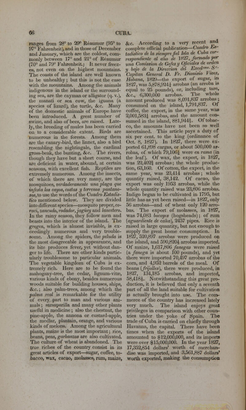 ranges from 28° to 29° Reaumur (95° to 97° Falirenlieit), and in those of December and January, which are the coldest, com- monly between 17° and 21° of Reaumur (70° and 79° FahrenheiLj It never freez- es, not even on the highest mountains. The coasts of tlie island are well known to be unhealtliy; but this is not the case witli the mountains. Among the animals indigenous in the island or the surround- ing sea, are the cayman or alligator (q. v.), the nianati or sea cow, the iguana (a species of hzard), the turtle, &c. Many of the domestic animals of Europe have been introduced. A great number of swme, and also of bees, are raised. Late- ly, the breeding of mules has been carried on to a considerable extent. Birds are numerous in the forests. Among them are the canaiy-bud, the linnet, also a bird resembhng the nightingale, the cardinal gross-beak, the bunting, &c. The rivers, though they have but a short course, and are deficient in water, abound, at certain seasons, with excellent fish. Rei)tiles are extremely numez-ous. Among the insects, of which there are veiy many, are the mosquitoes, verdaderamente una plaga que infesta los cayos, castas y terrenos pantano- sos,\.o use the words of the Cuadro Estadis- tico mentioned below. They are divided into difierent species—mosquito proper, co- raci, zancudo, rodador, ja^ey and lancetero. In the rainy season, they follow men and beasts into the ulterior of the island. The grtgen, which is almost invisible, is ex- ceedingly numerous and veiy trouble- some. Among the spiders, tha peliula is tlie most disagreeable in appearance, and its bite produces fever, yet without dan- ger to hfe. There are other kinds partic- ularly troublesome to particular animals. The vegetable kingdom of Cuba is ex- tremely rich. Here are to be found the inaliogany-tree, the cedar, lignum-vita?, various kinds of ebony, besides numerous woods suitable for building houses, ships, &c.; also palm-trees, among which the palma real is remarkable for the utility of every part to man and various ani- mals ; sarsaparilla and many other plants useful in medicine; also the chestnut, the pine-apple, the annona or custard-apple, the medlar, plantain, orange, and various kinds of melons. Among the agricultural plants, maize is the most important; rice, beans, peas, garbanzos are also cultivated. The culture of wheat is abandoned. The true riches of the country consist in its great articles of export—sugar, coffee, to- bacco, wax, cacao, molasses, nun, maize, &c. According to a very recent «id complete official publication—Cuadro Hs- tadistico dt la siemprcjid Ma de Cuba cor- respondienle al ano dc 1827, formado per una Comission de Gefesy Oficiales de orden y bap dc la Direccion del Excel-S-- Capitan General D. Fr. Dionisio Vxvts, Habana, 1829—the export of sugar, ui 1827, was 5,878,9241 anobas (an arroba is equal to 25 pounds), or, including tare, &c., 6,300,000 arrobas. The whole amount produced was 8,091,837 arrobas; consumed on the island, 1,7'91,837. Of coffee, the export, m the same year, was 2,001,5831 arrolias, and the amount con- sumed in the island, 881,944|. Of tobac- co, the amounts have not been so well ascertained. This article pays a duty of six per cent, to the king (ordinance of Oct 8, 1827). In 1827, there were ex- ported 61,898 cai-gas, or about 500,000 ar- robas, of which 79,106i were en rama (in tlie leaf). Of wax, the export, in 1827, was 22,402| arrobas; the whole produc- tion, (33,160. Of cotton, the export, in the same year, was 23,414 arrobas; whole quantity raised, 38,142. Of cacao, the export was only 1953 arrobas, while the whole quantity raised was 23,806 arrobas. Indigo began to be cultivated in 1795, but little has as yet been raised—in 1827, only 56 arrobas—and of wheat only 120 arro- bas. The export of molasses, in 1827, was 74,083 bocoyes (hogsheads); of rum {aguardiente de caha), 2457 pipes. Rice is raised in large quantity, but not enough to supply the great home consumption. In 1827, 520,897 arrobas were produced on the island, and 590,820i an'obas imported. Of maize, 1,617,806 fanegas were raised (a fancga is about 100 pounds), and yet there were imported 70,497 anobas of tho com, and 4,952 barrels of the meal. Of beans {frijolles), there were produced, in 1827, 134,185 arrobas, and imported, 58,418^. Notwithstanding this great pro- duction, it is believed that only a seventh part of all the land suitable for cultivation is actually brought into use. Tlie com- merce of the country has increased lately very much. The island enjoys great privileges in comparison with other coun- tries under the yoke of Spain. The trade of Cuba is earned on chiefly through Havamia, the capital. There have been times when the exports of the island amounted to $12,000,000, and its imports were over $15,000,000. In the year 1827, 17,352,854 dollars' worth of merchan- dise was imported, and 3,561,887 dollars' worth exported, making the consumption