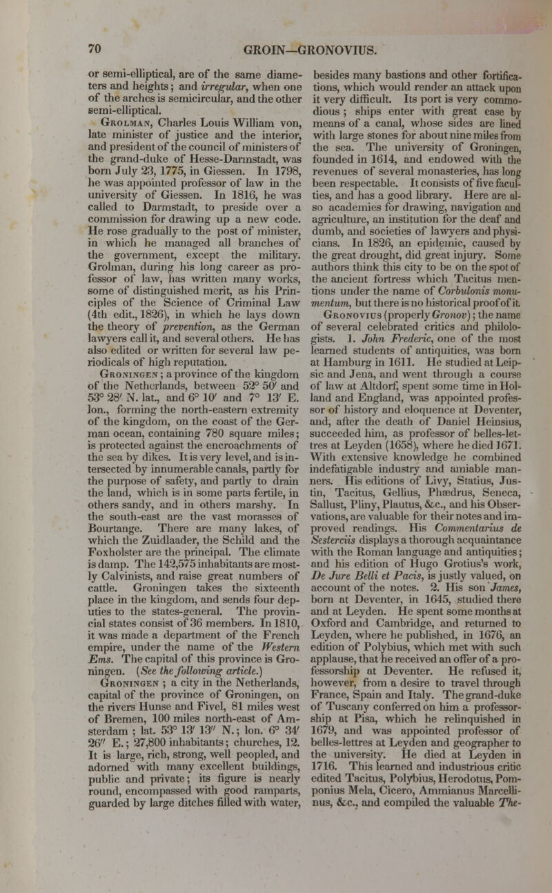 or semi-elliptical, are of the same diame- ters and heights; and irregular, when one of the arches is semicircular, and the other semi-elliptical. Grolman, Charles Louis William von, late minister of justice and the interior, and president of the council of ministers of the grand-duke of Hesse-Darmstadt, was born July 23, 1775, in Giessen. In 1798, he was appointed professor of law in the university of Giessen. In 1816, he was called to Darmstadt, to preside over a commission for drawing up a new code. He rose gradually to the post of minister, in which he managed all branches of the government, except the military. Grolman, during his long career as pro- fessor of law, has written many works, some of distinguished merit, as his Prin- ciples of the Science of Criminal Law (4th edit., 1826), in which he lays down the theory of prevention, as the German lawyers call it, and several others. He has also edited or written for several law pe- riodicals of high reputation. Groningen; a province of the kingdom of the Netherlands, between 52° 5CK and 53° 28' N. lat., and 6° W and 7° 13' E. Ion., forming the north-eastern extremity of the kingdom, on the coast of the Ger- man ocean, containing 780 square miles; is protected against the encroachments of the sea by dikes. It is very level, and is in- tersected by innumerable canals, partly for the purpose of safety, and partly to drain the land, which is in some parts fertile, in others sandy, and in others marshy. In the south-east are the vast morasses of Bourtange. There are many lakes, of which the Zuidlaader, the Schild and the Foxholster are the principal. The climate is damp. The 142,575 inhabitants are most- ly Calvinists, and raise great numbers of cattle. Groningen takes the sixteenth place in the kingdom, and sends four dep- uties to the states-general. The provin- cial states consist of 36 members. In 1810, it was made a department of the French empire, under the name of the Western Ems. The capital of this province is Gro- ningen. (See the following article.) Groningen ; a city in the Netherlands, capital of the province of Groningen, on the rivers Hunse and Fivel, 81 miles west of Bremen, 100 miles north-east of Am- sterdam ; lat. 53° 13' 13 N.; Ion. 6° 34' 26 E.; 27,800 inhabitants; churches, 12. It is large, rich, strong, well peopled, and adorned with many excellent buildings, public and private; its figure is nearly round, encompassed with good ramparts, guarded by large ditches filled with water, besides many bastions and other fortifica- tions, which would render an attack upon it very difficult. Its port is veiy commo- dious ; ships enter with great ease by means of a canal, whose sides are lined with large stones for about nine mile6 from the sea. The university of Groningen, founded in 1614, and endowed with the revenues of several monasteries, has long been respectable. It consists of five facul- ties, and has a good library. Here are al- so academies for drawing, navigation and agriculture, an institution for the deaf and dumb, and societies of lawyers and physi- cians. In 1826, an epidemic, caused by the great drought, did great injury. Some authors think this city to be on the spot of the ancient fortress which Tacitus men- tions under the name of Corbulonis monu- mentum, but there is no historical proof of it. Gronovius (properly Gronov); the name of several celebrated critics and philolo- gists. 1. John Frederic, one of the most learned students of antiquities, was born at Hamburg in 1611. He studied atLeip- sic and Jena, and went through a course of law at Altdorf, spent some time in Hol- land and England, was appointed profes- sor of history and eloquence at Deventer, and, after the death of Daniel Heinsius, succeeded him, as professor of belles-let- tres at Ley den (1658), where he died 1671. With extensive knowledge he combined indefatigable industry and amiable man- ners. His editions of Livy, Statius, Jus- tin, Tacitus, Gellius, Phaedrus, Seneca, Sallust, Pliny, Plautus, &c, and his Obser- vations, are valuable for their notes and im- proved readings. His Commentarius de Sesterciis displays a thorough acquaintance with the Roman language and antiquities; and his edition of Hugo Grotius's work, De Jure Belli et Pads, is justly valued, on account of the notes. 2. His son James, born at Deventer, in 1645, studied there and at Leyden. He spent some months at Oxford and Cambridge, and returned to Leyden, where he published, in 1676, an edition of Polybius, which met with such applause, that he received an offer of a pro- fessorship at Deventer. He refused it, however, from a desire to travel through France, Spain and Italy. The grand-duke of Tuscany conferred on him a professor- ship at Pisa, which he relinquished in 1679, and was appointed professor of belles-lettres at Leyden and geographer to the university. He died at Leyden in 1716. This learned and industrious critic edited Tacitus, Polybius, Herodotus, Pom- ponius Mela, Cicero, Ammianus MarceUi- nus, &c, and compiled the valuable The-