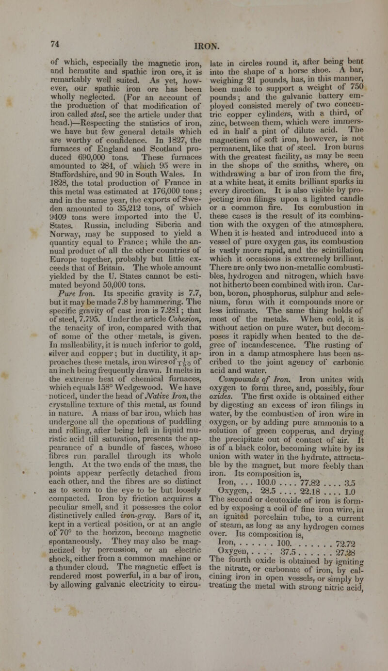 of which, especially the magnetic iron, late in circles round it, after being bent and hematite and spathic iron ore, it is into the shape of a horse shoe. A bar, remarkably well suited. As yet, how- weighing 21 pounds, has, in tins manner, ever, our spathic iron ore has been been made to support a weight of 750 wholly neglected. (For an account of pounds; and the galvanic battery em- die production of that modification of ployed consisted merely of two conceu- iron called steel, see the article under that trie copper cylinders, with u third, ot head.)—Respecting the statistics of iron, zinc, between them, which were iminers- we have but few general details Which ed in half a pint of dilute acid. The are worthy of confidence. In 1827, the magnetism of soft iron, however, is not furnaces of England and Scodand pro- permanent, like that of steel. Iron burns duced 690,000 tons. These furnaces with the greatest facility, as may be seen amounted to 284, of which 95 were in in the shops of the smiths, where, on Staffordshire, and 90 in South Wales. In withdrawing a bar of iron from the fire, 1828, the total production of France in at a white heat, it emits brilliant sparks in this metal was estimated at 176,000 tons ; every direction. It is also visible by pro- and in the same year, the exports of Swe- jecting iron filings upon a lighted candle den amounted to 35,212 tons, of which or a common fire. Its combustion in 9409 tons were imported into the U. these cases is the result of its combina- States. Russia, including Siberia and tion with the oxygen of the atmosphere. Norway, may be supposed to yield a When it is heated and introduced into a quantity equal to France; while the an- vessel of pure oxygen gas, its combustion nual product of all the other countries of is vastly more rapid, and the scintillation Europe together, probably but little ex- which it occasions is extremely brilliant, ceeds that of Britain. The whole amount There are only two non-metallic combusti- yielded by the U. States cannot be esti- bles, hydrogen and nitrogen, which have mated beyond 50,000 tons. not hitherto been combined with iron. Car- Pure Iron. Its specific gravity is 7.7, bon, boron, phosphorus, sulphur and sele- but it may be made 7.8 by hammering. The niurn, form with it compounds more or specific gravity of cast iron is 7.281; that less intimate. The same thing holds of of steel, 7.795. Under the article Cohesion, most of the metals. When cold, it is the tenacity of iron, compared with that without action on pure water, but decom- of some of the other metals, is given, poses it rapidly when heated to the de- In malleability, it is much inferior to gold, gree of incandescence. The rusting of silver and copper; but in ductility, it ap- iron in a damp atmosphere has been as- proaches these metals, iron wiresofy^y of cribed to the joint agency of carbonic an inch being frequently drawn. It melts in acid and water. the extreme heat of chemical furnaces, Compounds of Iron. Iron unites with which equals 1583 Wedgewood. We have oxygen to form three, and, possibly, four noticed, under the head of Native Iron, the oxides. The first oxide is obtained either crystalline texture of this metal, as found by digesting an excess of iron filings in in nature. A mass of bar iron, which has water, by the combustion of iron wire in undergone all the operations of puddling oxygen, or by adding pure ammonia to a and rolling, after being left in liquid mu- solution of green copperas, and dryiii- riatic acid till saturation, presents the ap- the precipitate out of contact of air. It pearance of a bundle of fasces, whose is of a black color, becoming white by its fibres run parallel through its whole union with water in the hydrate, attracta- length. At the two ends of the mass, the ble by the magnet, but more feebly than points appear perfectly detached from iron. Its composition is, each other, and the fibres are so distinct Iron, . . . 100.0 .... 77.82 .... 3.5 as to seem to the eye to be but loosely Oxygen,. 28.5 .... 22.18 .... 1.0 compacted. Iron by friction acquires a The second or deutoxide of iron is form- peculiar smell, and it possesses the color ed by exposing a coil of fine iron wire in distinctively called iron-gray. Bars of it, an ignited porcelain tube, to a current kept in a vertical position, or at an angle of steam, as long as any hydrogen comes of 70° to the horizon, become magnetic over. Its composition is spontaneously. They may also be mag- Iron, 100. 7272 nctized by percussion, or an electric Oxygen, .... 37.5. ' 27 28 shock, either from a common machine or The fourth oxide is obtained by ignitin a thunder cloud. The magnetic effect is the nitrate, or carbonate of iron by cal- rendered most powerful, in a bar of iron, cining iron in open vessels, or simply by by allowing galvanic electricity to circu- treating the metal widi strong nitric acid