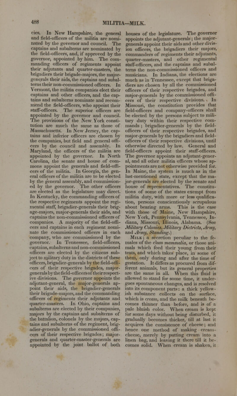 MILITIA-MILK. cies. In New Hampshire, the general and field-officers of the militia are nomi- nated by the governor and council. The captains and subalterns are nominated by the field-officers, and, if approved by the governor, appointed by him. The com- manding officers of regiments appoint their adjutants and quarter-masters, the brigadiers their brigade-majors, the major- generals their aids, the captains and subal- terns their non-commissioned officers. In Vermont, the militia companies elect their captains and other officers, and the cap- tains and subalterns nominate and recom- mend the field-officers, who appoint their staff-officers. The superior officers are appointed by the governor and council. The provisions of the New York consti- tution are much the same as those of Massachusetts. In New Jersey, the cap- tains and inferior officers are chosen by the companies, but field and general offi- cers by the council and assembly. In Maryland, the officers of the militia are appointed by the governor. In North Carolina, the senate and house of com- mons appoint the generals and field-offi- cers of the militia. In Georgia, the gen- eral officers of the militia are to be elected by the general assembly, and commission- ed by the governor. The other officers are elected as the legislature may direct. In Kentucky, the commanding officers of the respective regiments appoint the regi- mental staff, brigadier-generals their brig- age-majors, major-generals their aids, and captains the non-commissioned officers of companies. A majority of the field-offi- cers and captains in each regiment nomi- nate the commissioned officers in each company, who are commissioned by the governor. In Tennessee, field-officers, captains, subalterns and non-commissioned officers are elected by the citizens sub- ject to military duty in the districts of these officers, brigadier-generals by the field-offi- cers of their respective brigades, major- generals by the field-officersof their respect- ive divisions. The governor appoints the adjutant-general, the major-generals ap- point their aids, the brigadier-generals their brigade-majors, and the commanding officers of regiments their adjutants and quarter-masters. In Ohio, captains and subalterns are elected by their companies, majors by the captains and subalterns of the battalion, colonels by the majors, cap- tains and subalterns of the regiment, brig- adier-generals by the commissioned offi- cers of their respective brigades; major- generals and quarter-master-generals are appointed by the joint ballot of both houses of the legislature. The governor appoints the adjutant-generals; the major- generals appoint their aids and other divis- ion officers, the brigadiers their majors, commanders of regiments their adjutants, quarter-masters, and other regimental staff-officers, and the captains and subal- terns the non-commissioned officers and musicians. In Indiana, the elections are much as in Tennessee, except that briga- diers are chosen by all the commissioned officers of their respective brigades, and major-generals by the commissioned offi- cers of their respective divisions. < In Missouri, the constitution provides that field-officers and company-officers shall be elected by the persons subject to mili- tary duty within their respective com- mands ; brigadier-generals by the field- officers of their respective brigades, and major-generals by the brigadiers and field- officers of their respective divisions, until otherwise directed by law. General and field-officers appoint their staff-officers. The governor appoints an adjutant-gener- al, and all other militia officers whose ap- pointments are not otherwise provided for. In Maine, the system is much as in the last-mentioned state, except that the ma- jor-generals are elected by the senate and house of representatives. The constitu- tions of some of the states exempt from militia duty, with more or less qualifica- tion, persons conscientiously scrupulous about bearing arms. This is the case with those of Maine, New Hampshire, New York, Pennsylvania, Tennessee, In- diana, Missouri, Illinois, Alabama. (See Military Colonies, Military Diclricts, Army, and Army, Standing.) Milk; a secretion peculiar to the fe- males of the class mammalia, or those ani- mals Which feed their young from their teats, and which takes place, in some of them, only during and after the time of gestation. It differs as procured from dif- ferent animals, but its general properties are the same in all. When this fluid is allowed to stand for some time, it under- goes spontaneous changes, and is resolved into its component parts: a thick yellow- ish substance collects on the surface, which is cream, and the milk beneath be- comes thinner than before, and is of a pale bluish color. When cream is kept lor some days without being disturbed, it gradually becomes thicker, till at last it acquires the consistence of cheese; and hence one method of making cream- cheese, merely by putting cream into a linen bag, and leaving it there till it be- comes solid. When cream is shaken, it