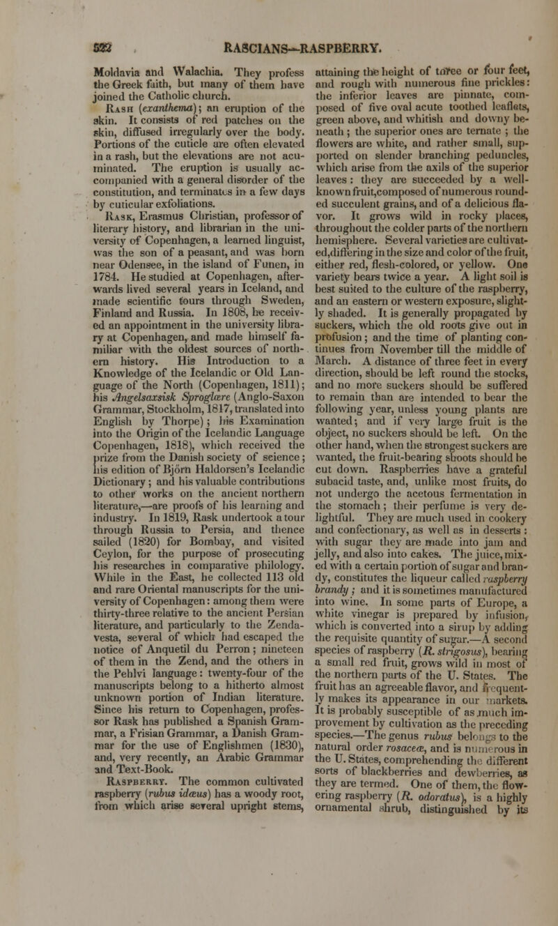 Moldavia and Walachia. They profess the Greek faith, but many of them have joined the Catholic church. Rash (exanthema); nn eruption of the skin. It consists of red patches on the skin, diffused irregularly over the body. Portions of the cuticle are often elevated in a rash, but the elevations are not acu- minated. The eruption is usually ac- companied with a general disorder of the constitution, and terminates in a few days by cuticular exfoliations. Rask, Erasmus Christian, professor of literary history, and librarian in the uni- versity of Copenhagen, a learned linguist, was the son of a peasant, and was born near Odensee, in the island of Funen, in 1784. He studied at Copenhagen, after- wards lived several years in Iceland, and made scientific fours through Sweden, Finland and Russia. In 1808, he receiv- ed an appointment in the university libra- ry at Copenhagen, and made himself fa- miliar with the oldest sources of north- ern history. His Introduction to a Knowledge of the Icelandic or Old Lan- guage of the North (Copenhagen, 1811); his Angelsaxsisk Sproglare (Anglo-Saxon Grammar, Stockholm, 1817, translated into English by Thorpe) ; his Examination into the Origin of the Icelandic Language Copenhagen, 1818), which received the prize from the Danish society of seience; ins edition of Bjorn Haldorsen's Icelandic Dictionary; and his valuable contributions to other works on the ancient northern literature,—are proofs of his learning and industry. In 1819, Rask undertook a tour through Russia to Persia, and thence sailed (1820) for Bombay, and visited Ceylon, for the purpose of prosecuting his researches in comparative philology. While in the East, he collected 113 old and rare Oriental manuscripts for the uni- versity of Copenhagen: among them were thirty-three relative to the ancient Persian literature, and particularly to the Zenda- vesta, several of which had escaped the notice of Anquetil du Perron ; nineteen of them in the Zend, and the others in the Pehlvi language: twenty-four of the manuscripts belong to a hitherto almost unknown portion of Indian literature. Since his return to Copenhagen, profes- sor Rask has published a Spanish Gram- mar, a Frisian Grammar, a Danish Gram- mar for the use of Englishmen (1830), and, very recently, an Arabic Grammar and Text-Book. Raspberry. The common cultivated raspberry (rubus id&us) has a woody root, from which arise several upright stems, attaining the height of tnree or four feet, and rough with numerous fine prickles: the inferior leaves are pinnate, com- posed of five oval acute toothed leaflets, green above, and whitish and downy be- neath ; the superior ones are ternate ; the flowers are white, and rather small, sup- ported on slender branching peduncles, which arise from the axils of the superior leaves: they are succeeded by a well- known fruit,composed of numerous round- ed succulent grains, and of a delicious fla- vor. It grows wild in rocky places, throughout the colder parts of the northern hemisphere. Several varietiesare cultivat- edjdiffering in the size and color of the fruit, either red, flesh-colored, or yellow. One variety bears twice a year. A light soil is best suited to the culture of the raspberry, and an eastern or western exposure, slight- ly shaded. It is generally propagated by suckers, which the old roots give out in profusion ; and the time of planting con- tinues from November till the middle of March. A distance of three feet in every direction, should be left round the stocks, and no more suckers should be suffered to remain than are intended to bear the following year, unless young plants are wanted; and if very large fruit is the object, no suckers should be left. On the other hand, when the strongest suckers are wanted, the fruit-bearing sboots should he cut down. Raspberries have a grateful subacid taste, and, unlike most fruits, do not undergo the acetous fermentation in the stomach; their perfume is very de- lightful. They are much used in cookery and confectionary, as well as in desserts : with sugar they are made into jam and jelly, and also into cakes. The juice, mix- ed with a certain portion of sugar and bran- dy, constitutes the liqueur called raspberry brandy ; and it is sometimes manufactured into wine. In some parts of Europe, a white vinegar is prepared by infusion, which is converted into a sirup by adding the requisite quantity of sugar.—A second species of raspberry (R. slrigosm), bearing a small red fruit, grows wild in most of the northern parts of the U. States. The fruit has an agreeable flavor, and frequent- ly makes its appearance in our 'uarkete. It is probably susceptible of as .much im- provement by cultivation as the preceding species.—The genus rubiis belongs to the natural order rosacea:, and is numerous in the U. States, comprehending the different sorts of blackberries and dewberries, as they are termed. One of them, the flow- ering raspberry [R. odoratus), is a highly ornamental shrub, distinguished by its